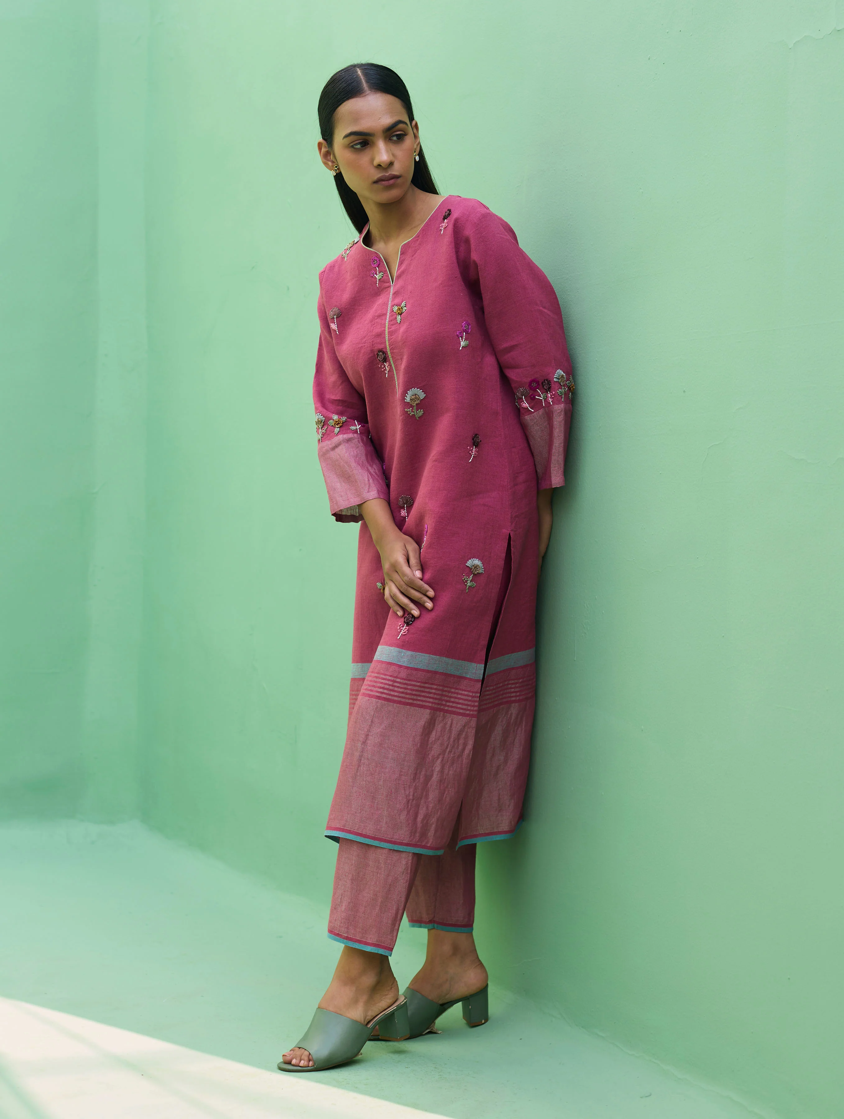 Emile Metallic Linen Hand-Embroidered Kurta Set - Crimson - Image 16