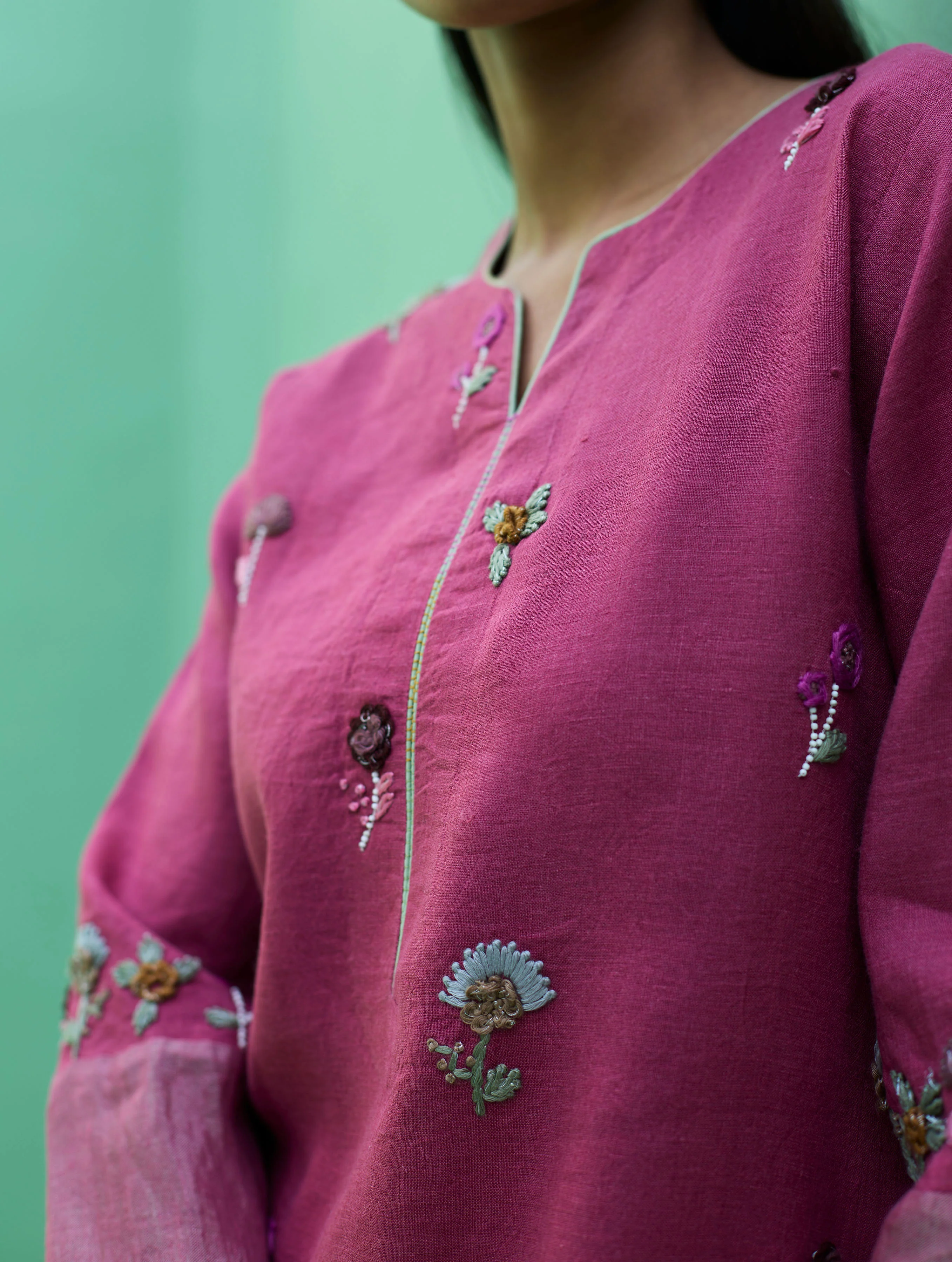 Emile Metallic Linen Hand-Embroidered Kurta Set - Crimson - Image 18