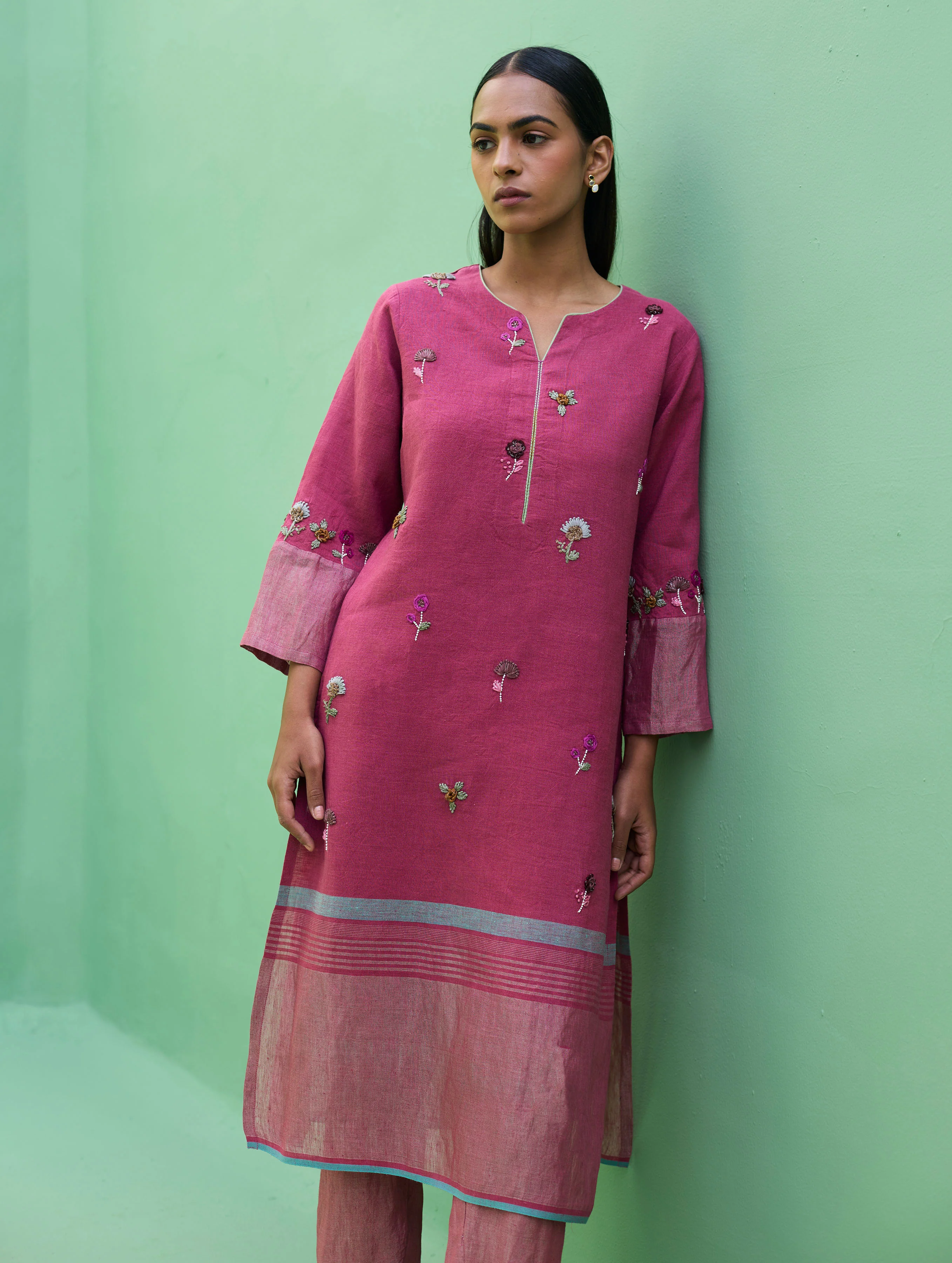 Emile Metallic Linen Hand-Embroidered Kurta Set - Crimson - Image 6