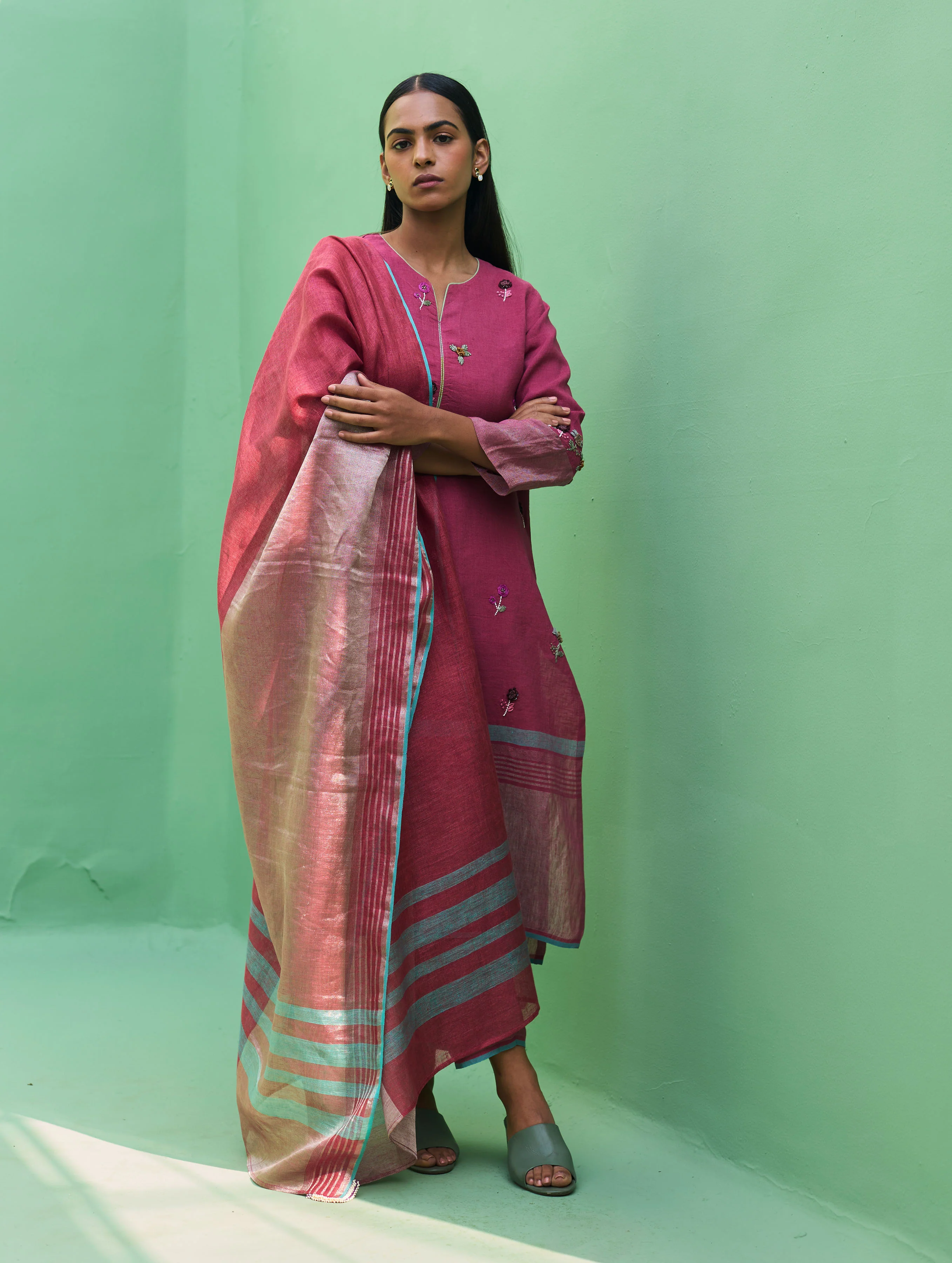 Emile Metallic Linen Hand-Embroidered Kurta Set - Crimson - Image 8
