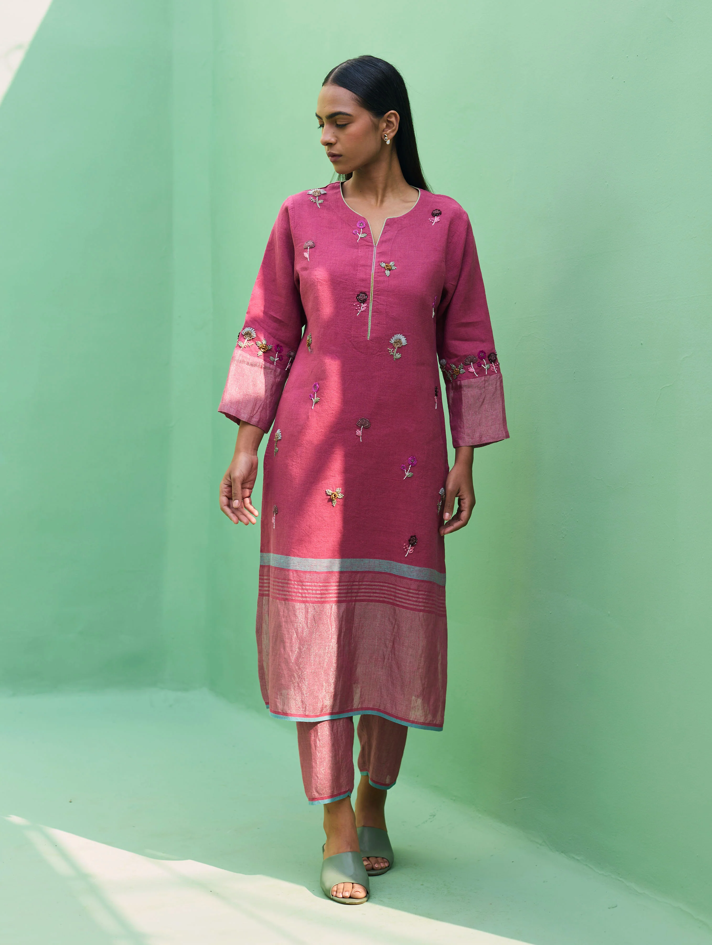 Emile Metallic Linen Hand-Embroidered Kurta Set - Crimson - Image 9