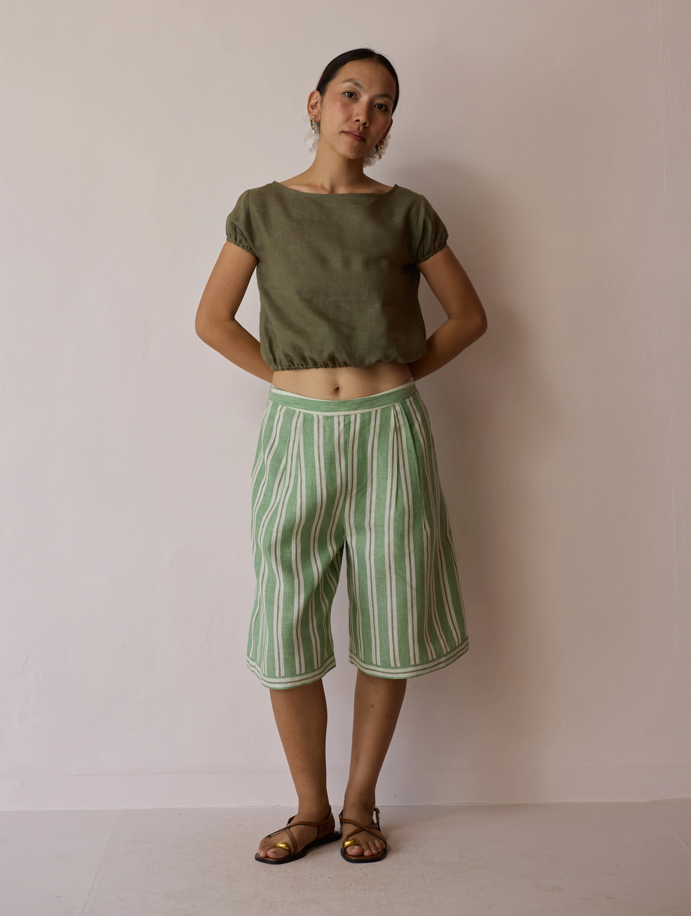 Ena Stripe Linen Jorts - Fern - Image 10