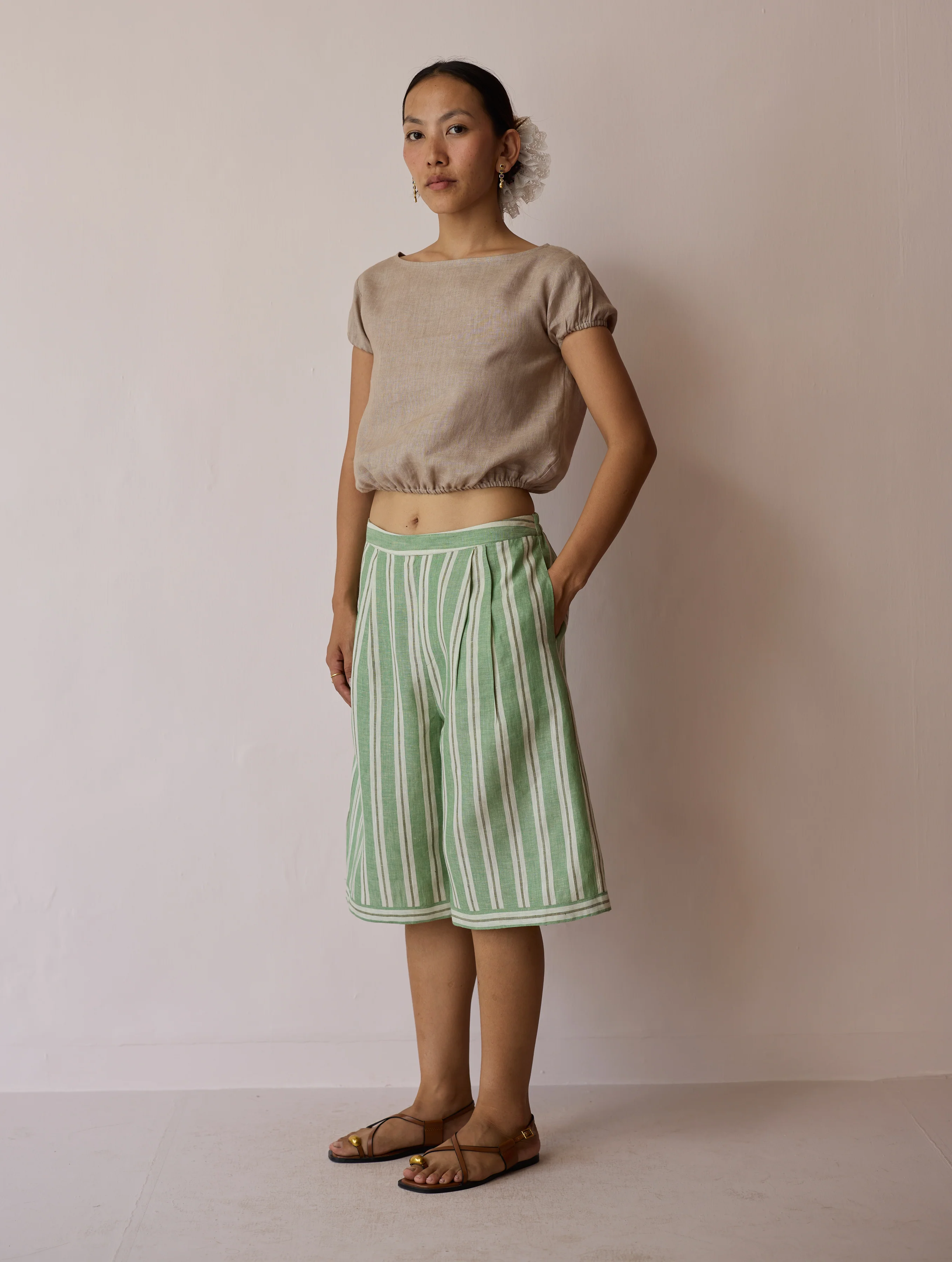 Ena Stripe Linen Jorts - Fern - Image 2