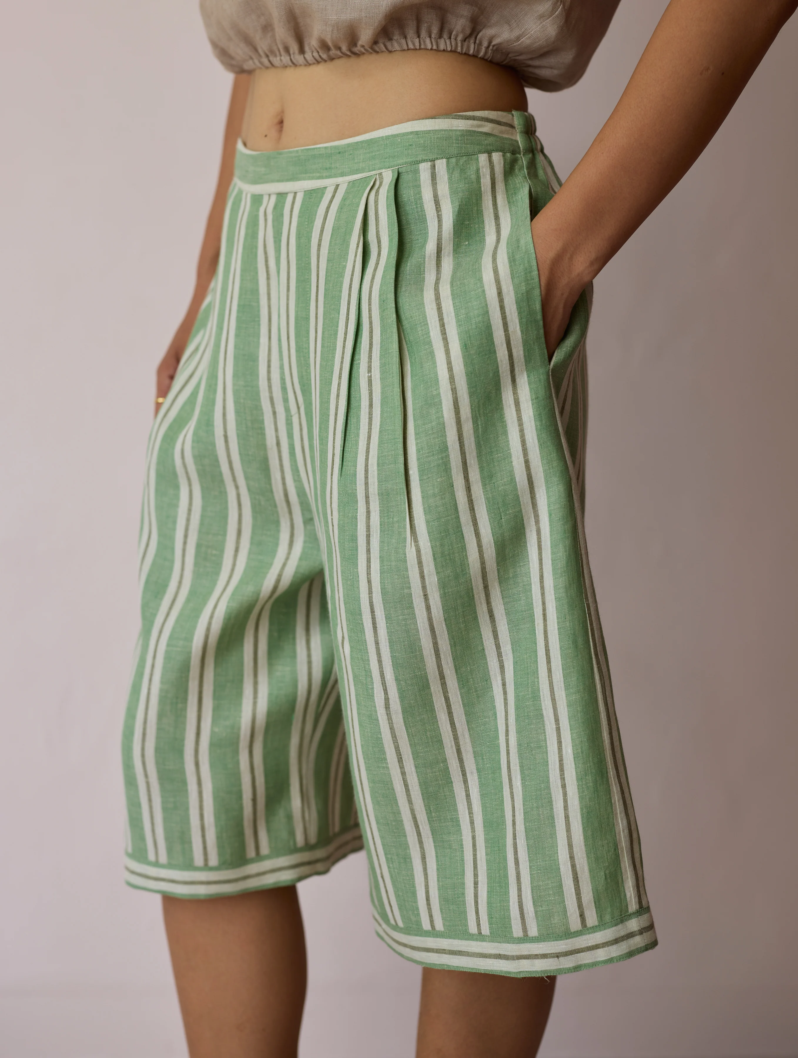 Ena Stripe Linen Jorts - Fern - Image 5
