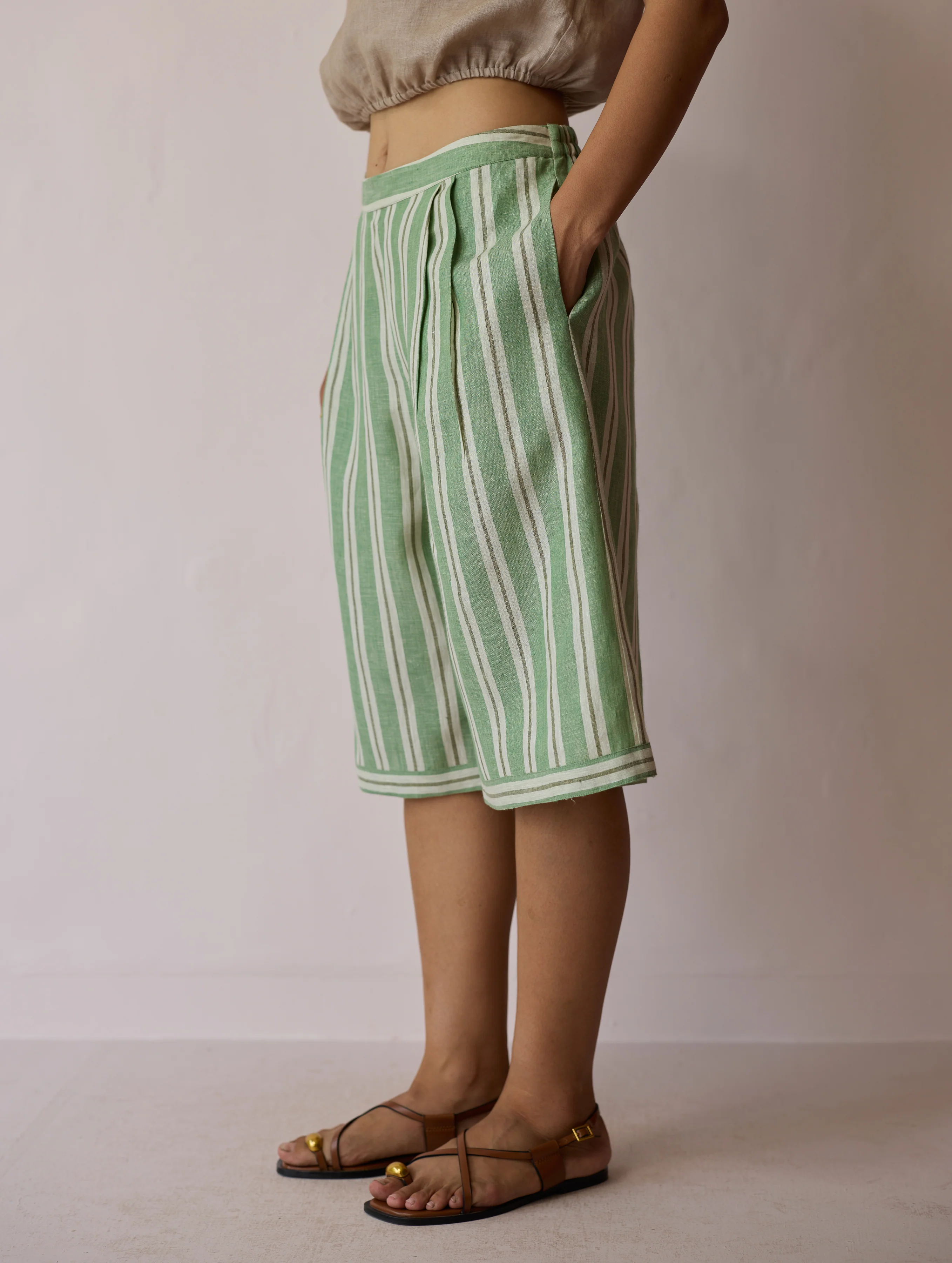 Ena Stripe Linen Jorts - Fern - Image 6