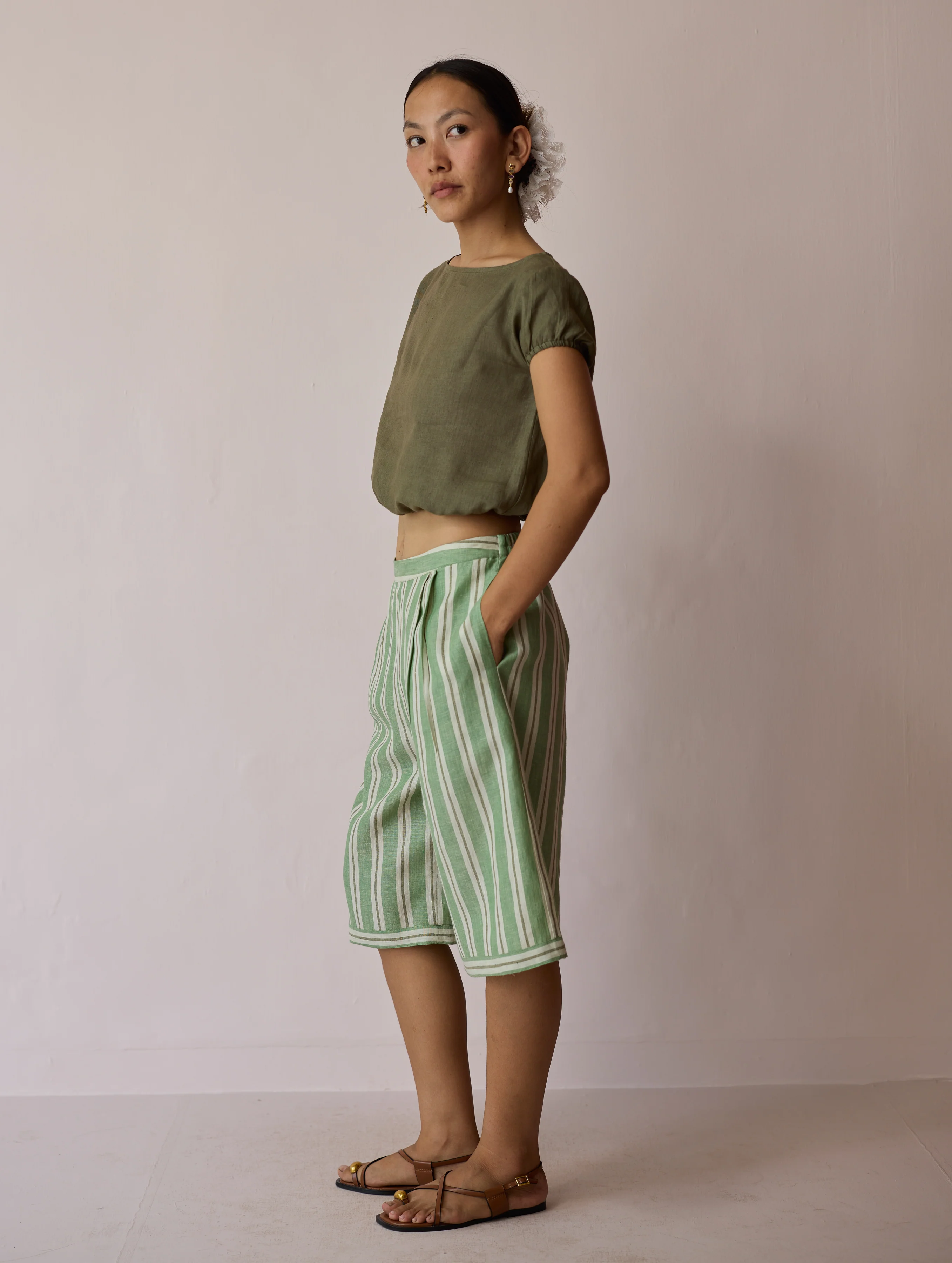 Ena Stripe Linen Jorts - Fern - Image 7
