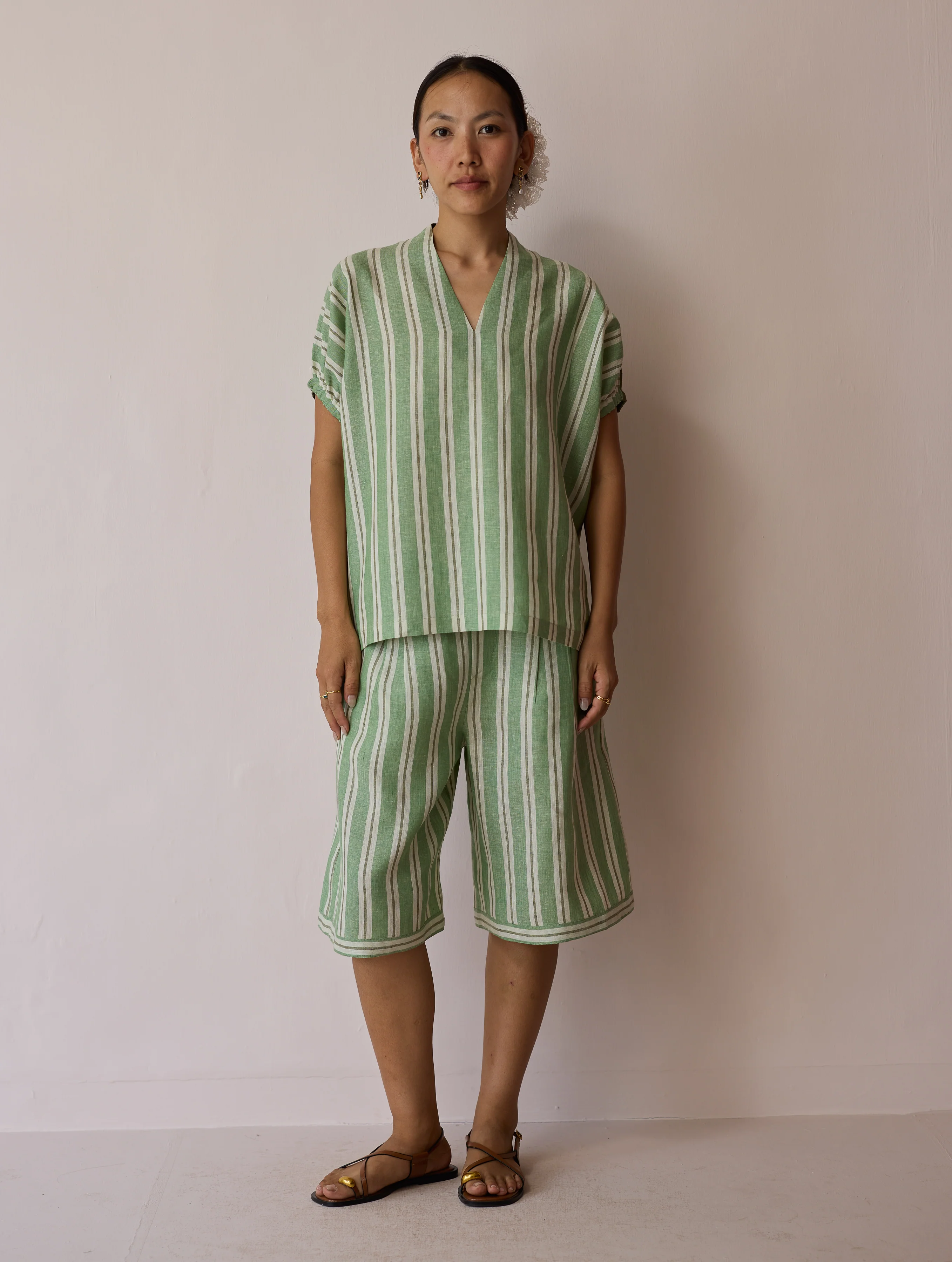 Ena Stripe Linen Jorts - Fern - Image 9