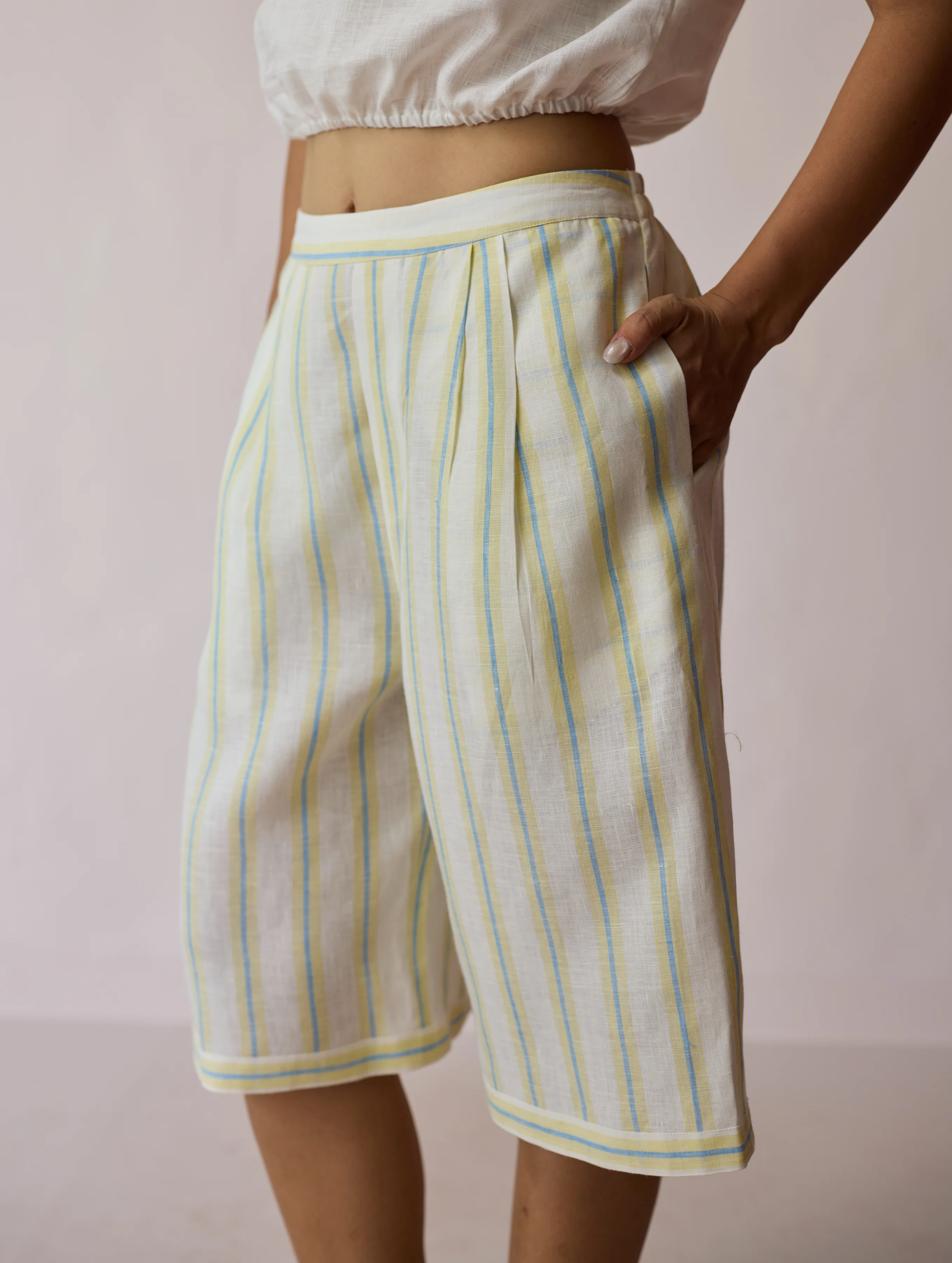 Ena Stripe Linen Jorts - Ivory