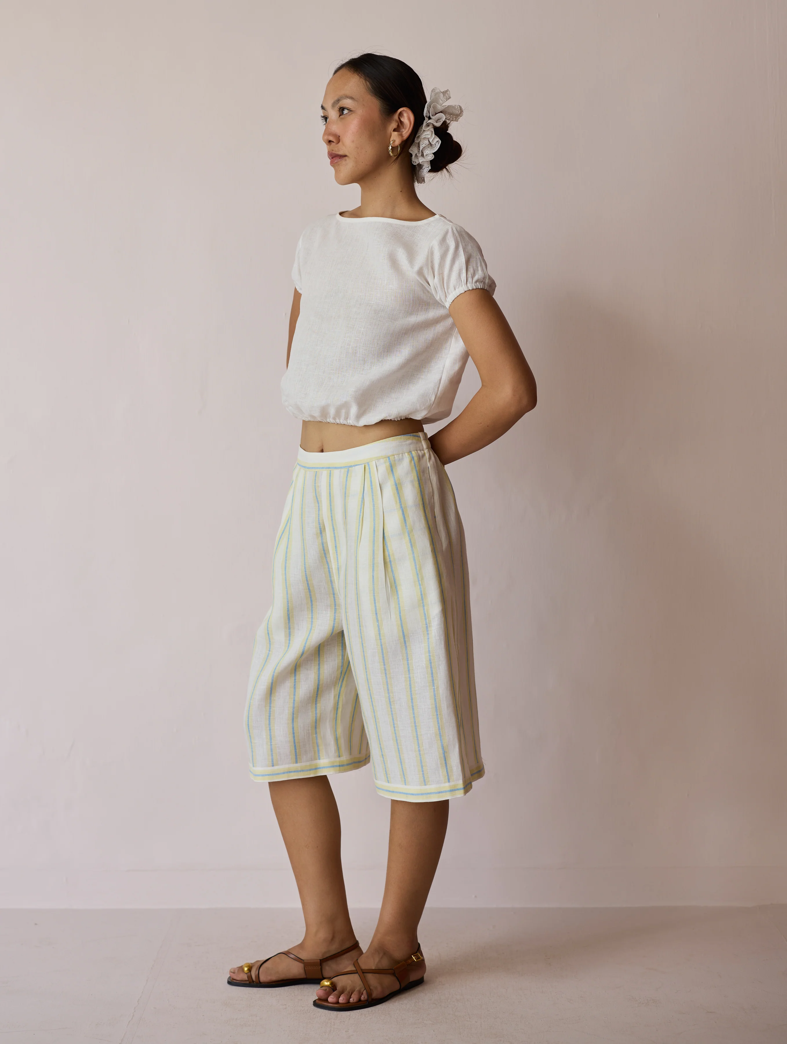 Ena Stripe Linen Jorts - Ivory - Image 5