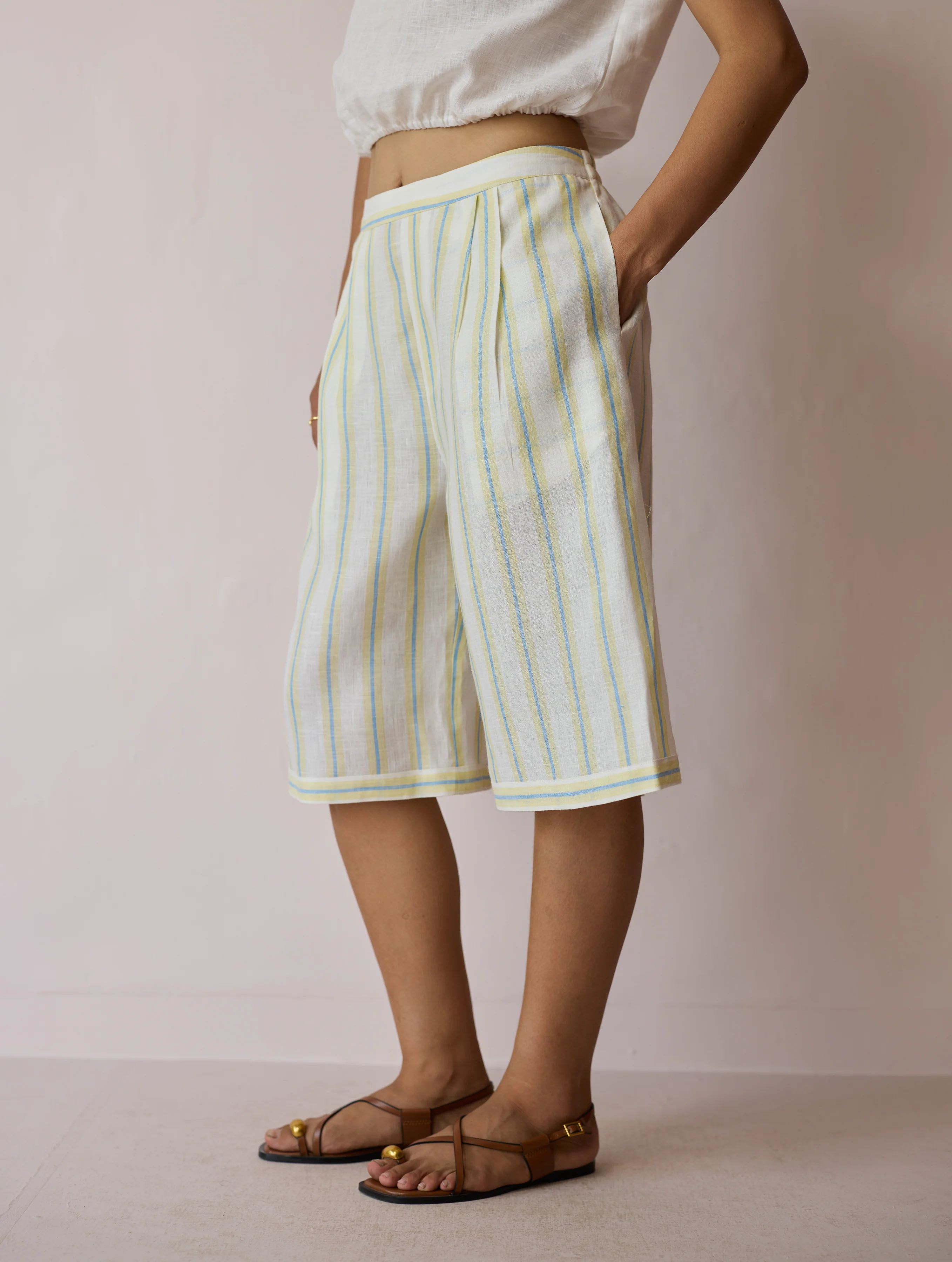 Ena Stripe Linen Jorts - Ivory - Image 6