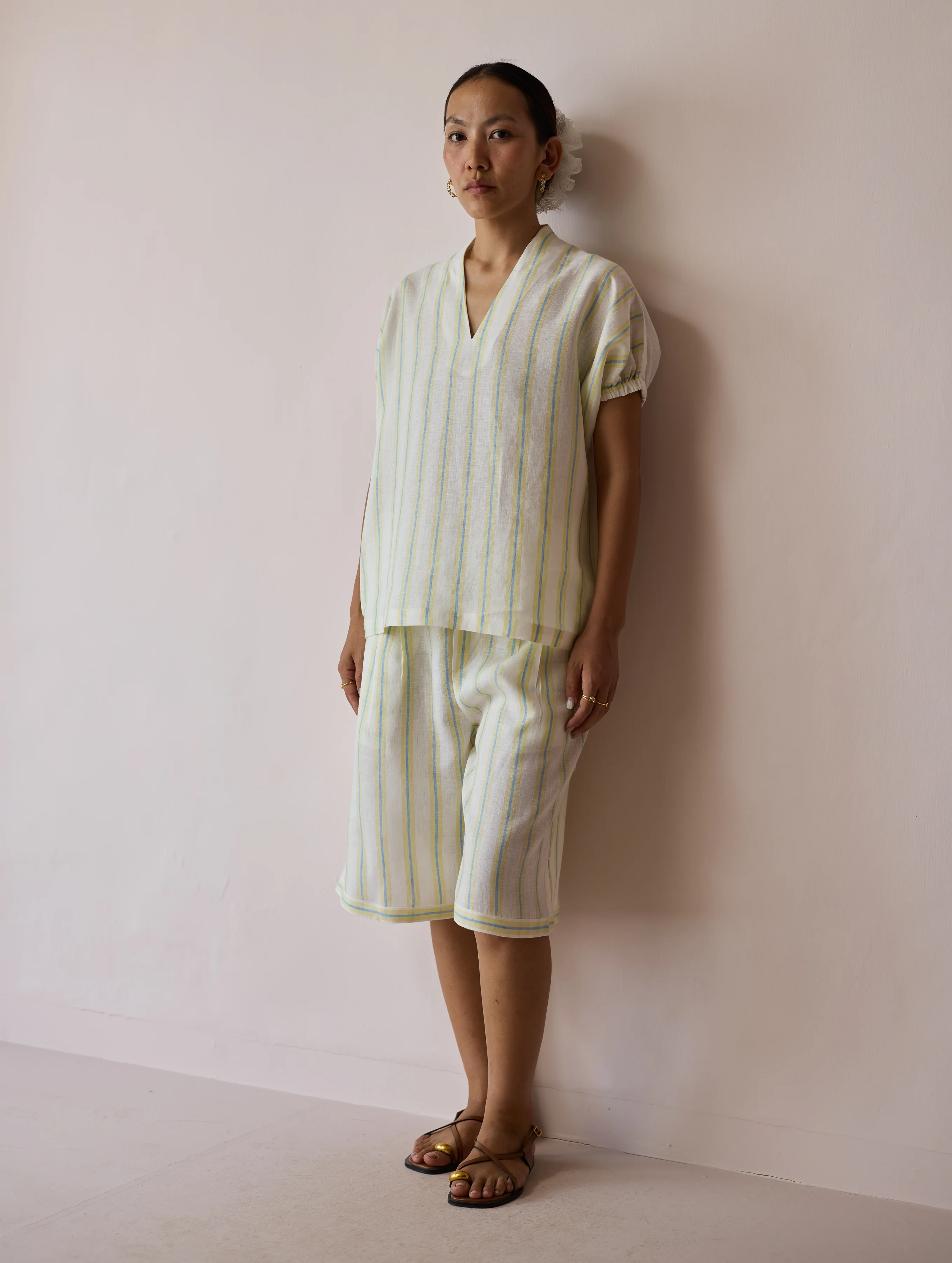 Ena Stripe Linen Jorts - Ivory - Image 8