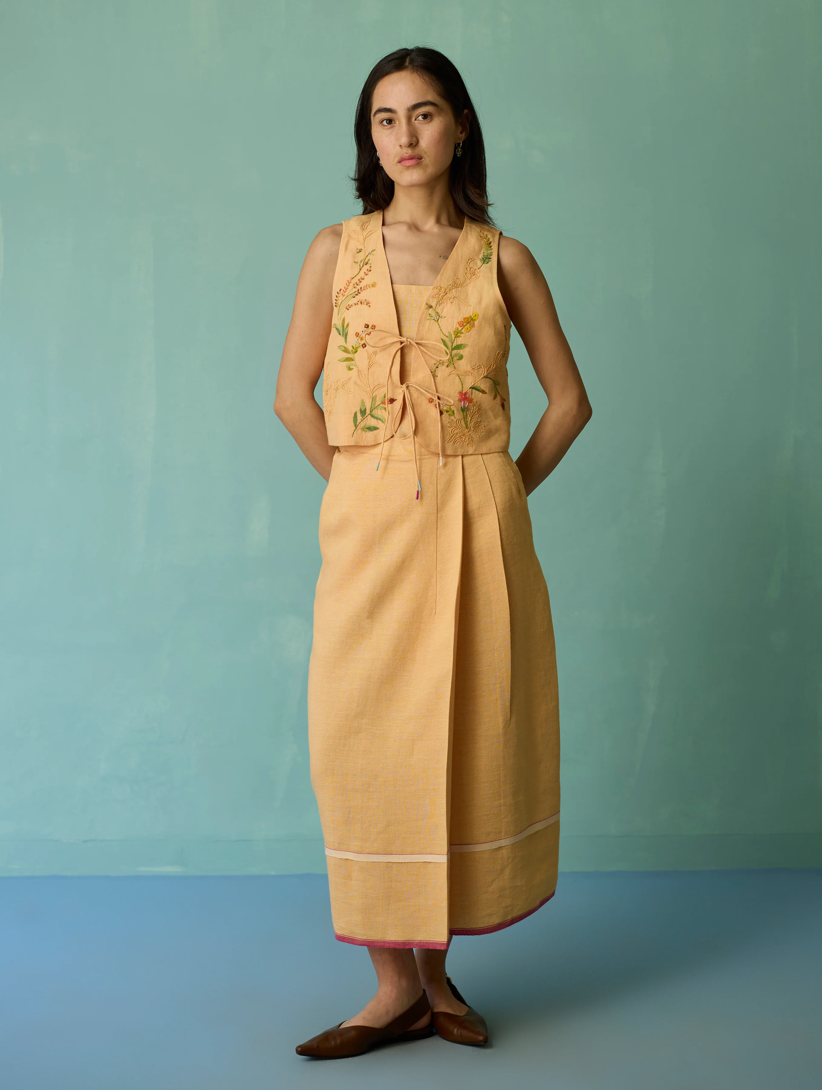 Eon Hand-Embroidered Floral Vest Co-ord Set - Apricot - Image 2