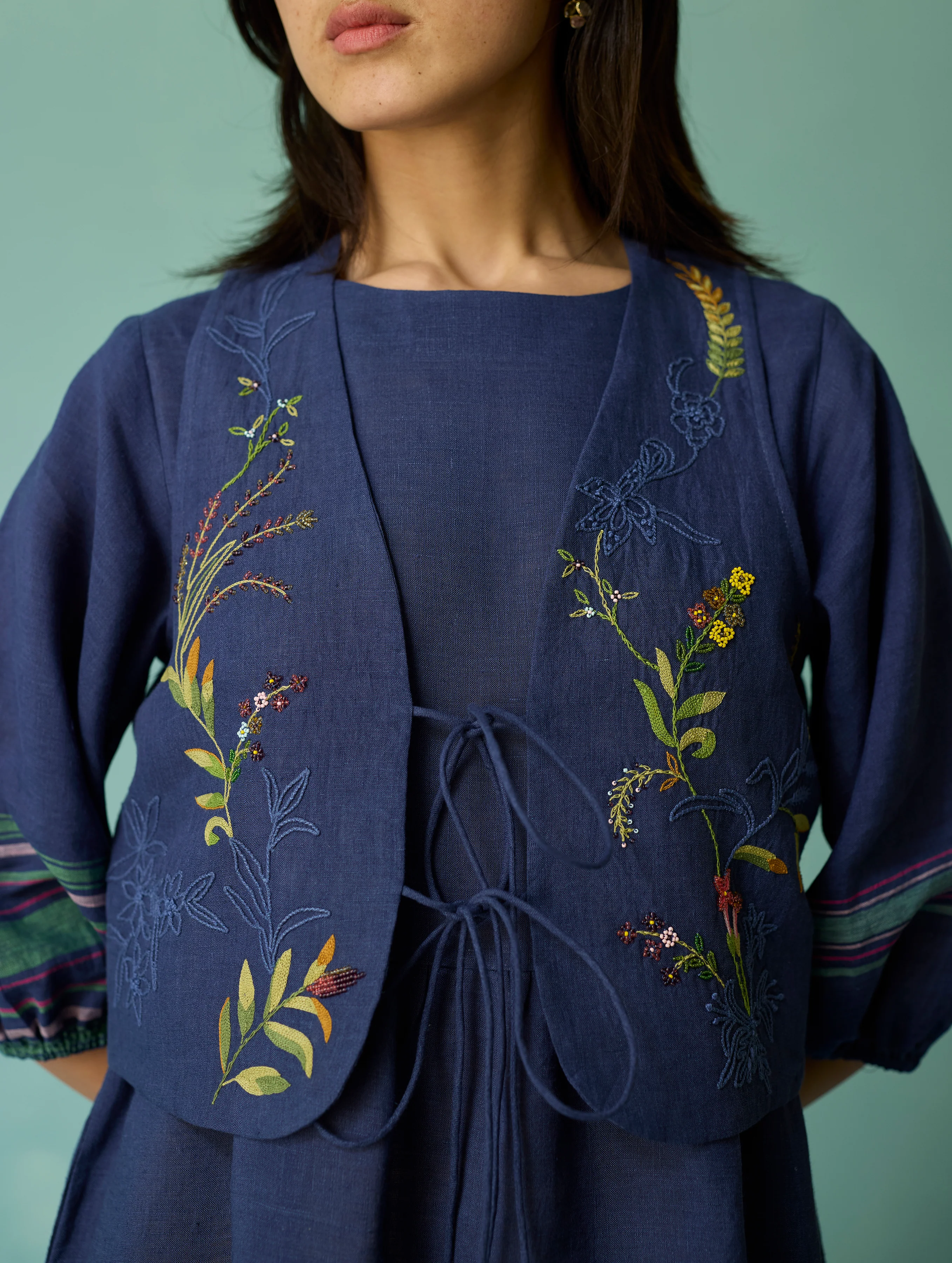 Ora Block-Printed Floral Linen Co-ord Set - Indigo - Image 12
