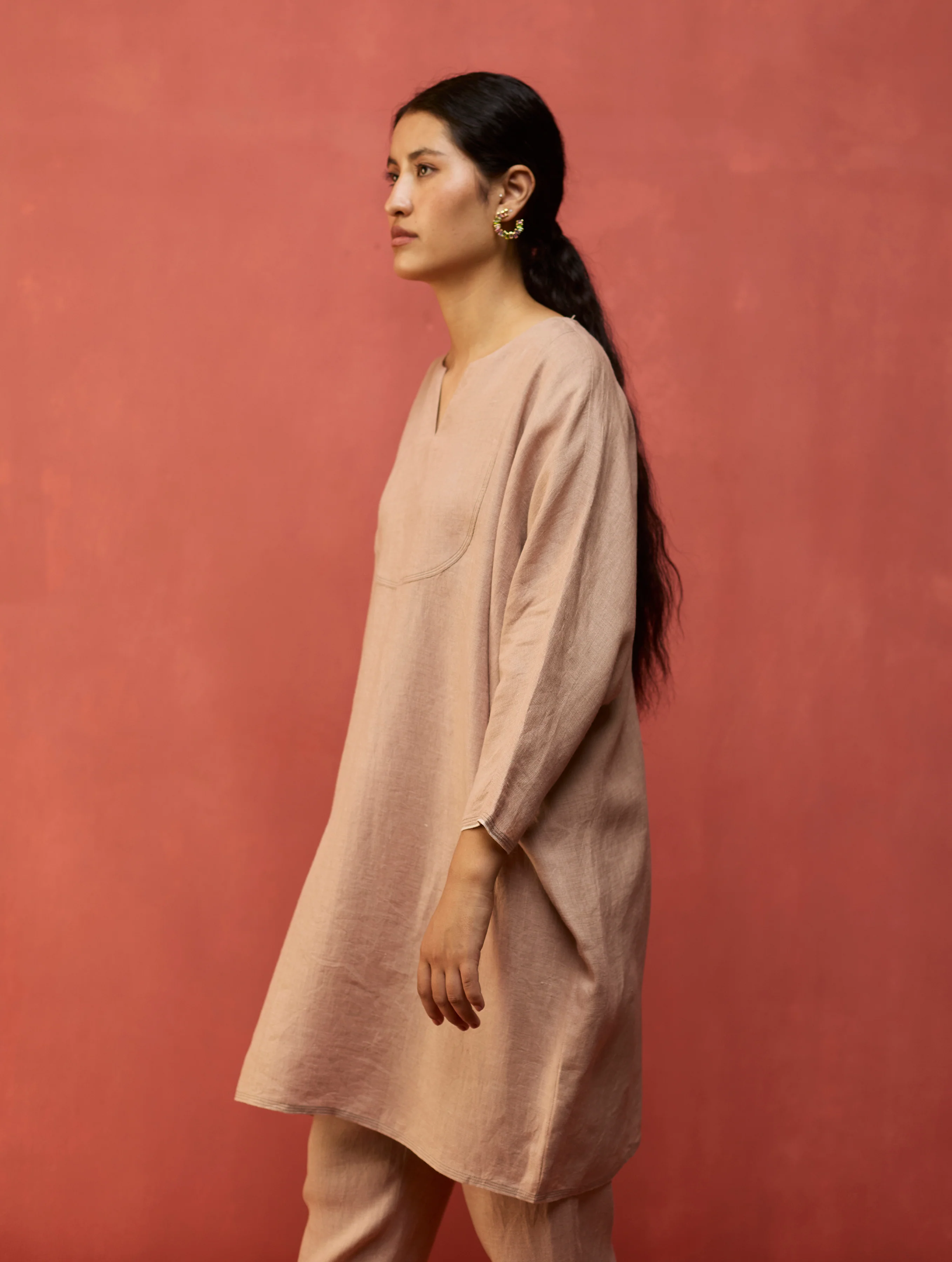 Etsu Yoke Linen Kurta - Dusty Rose - Image 6