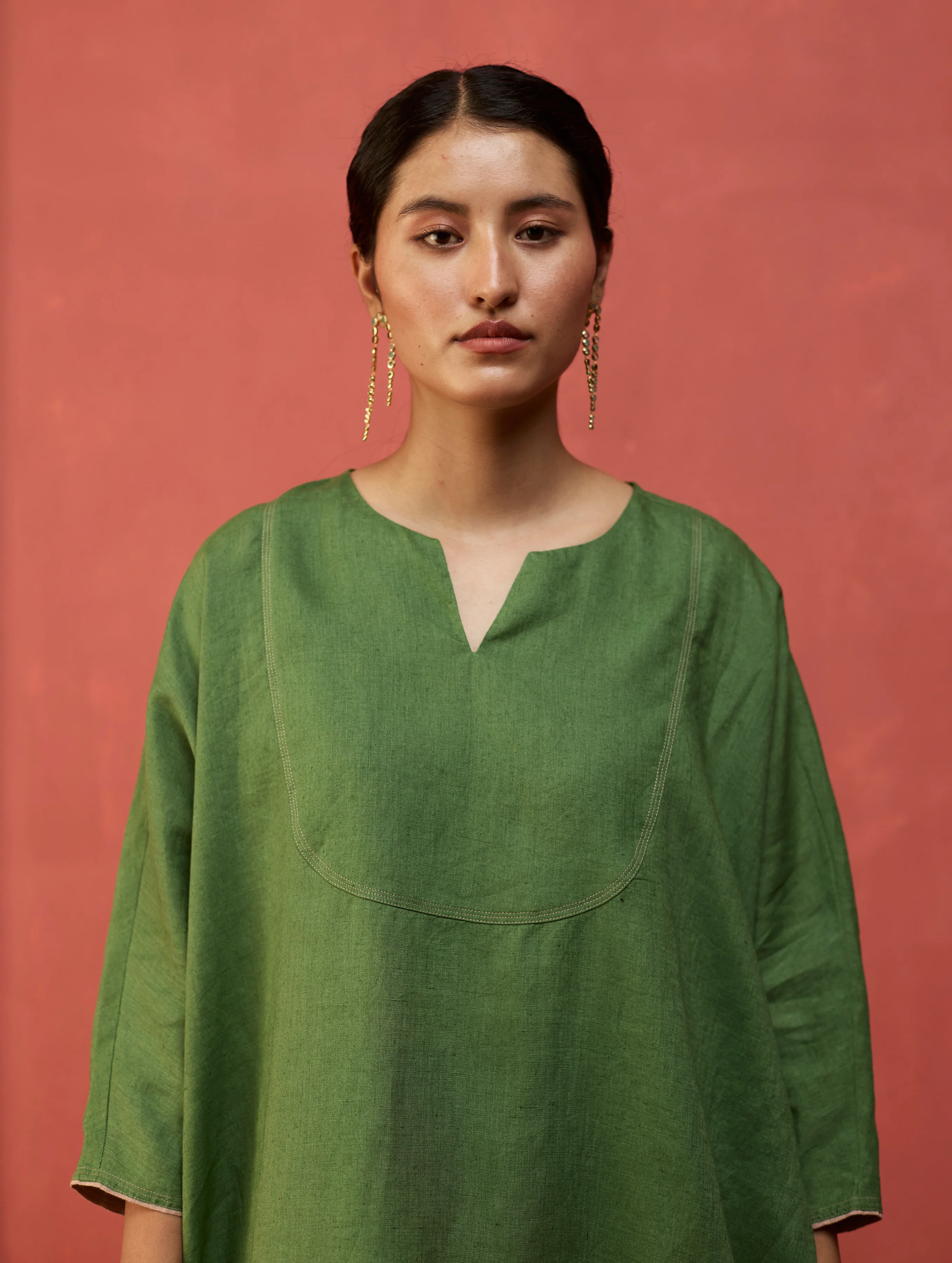 Etsu Yoke Linen Kurta - Fern Green - Image 2