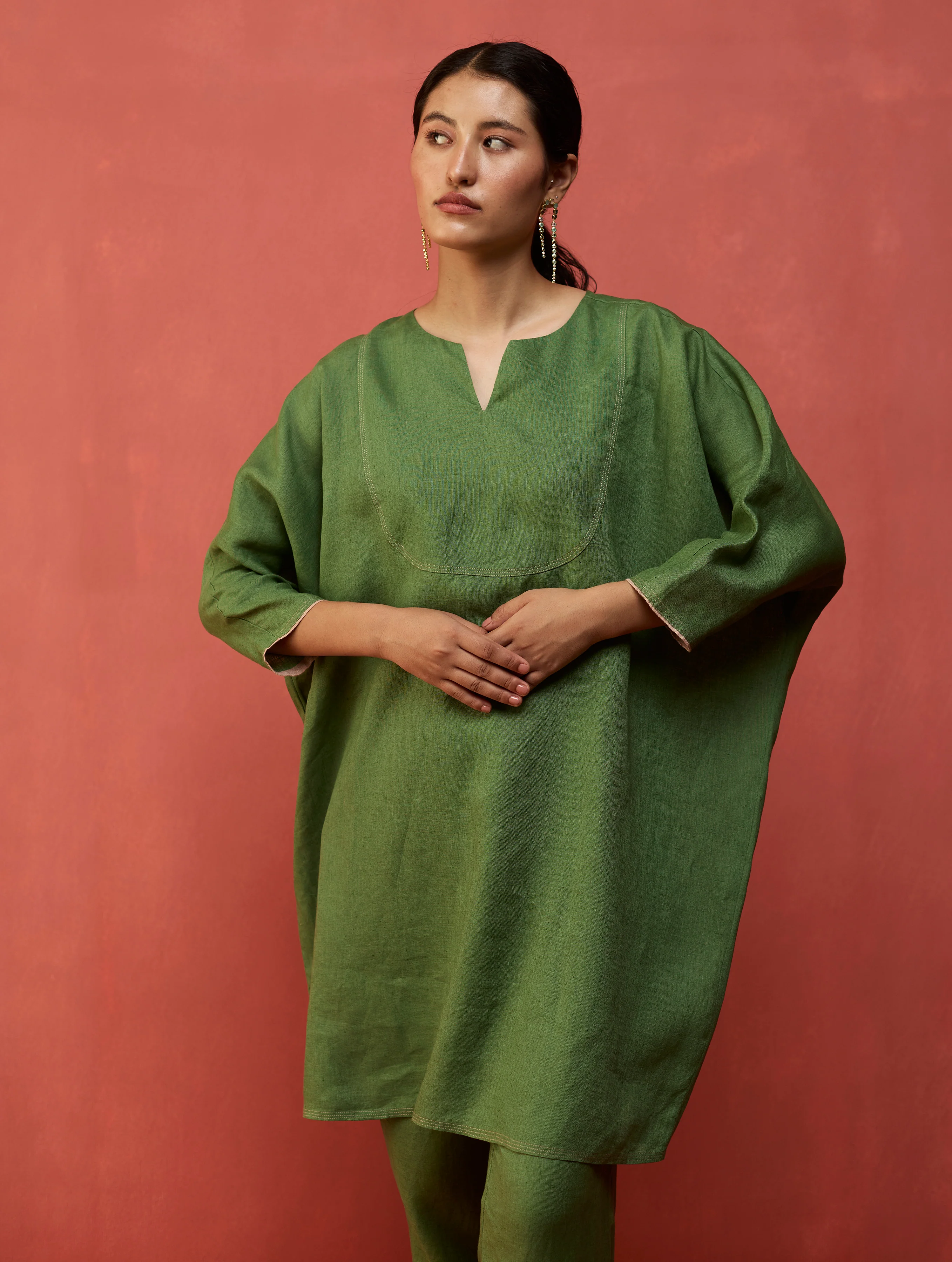 Etsu Yoke Linen Kurta - Fern Green - Image 5