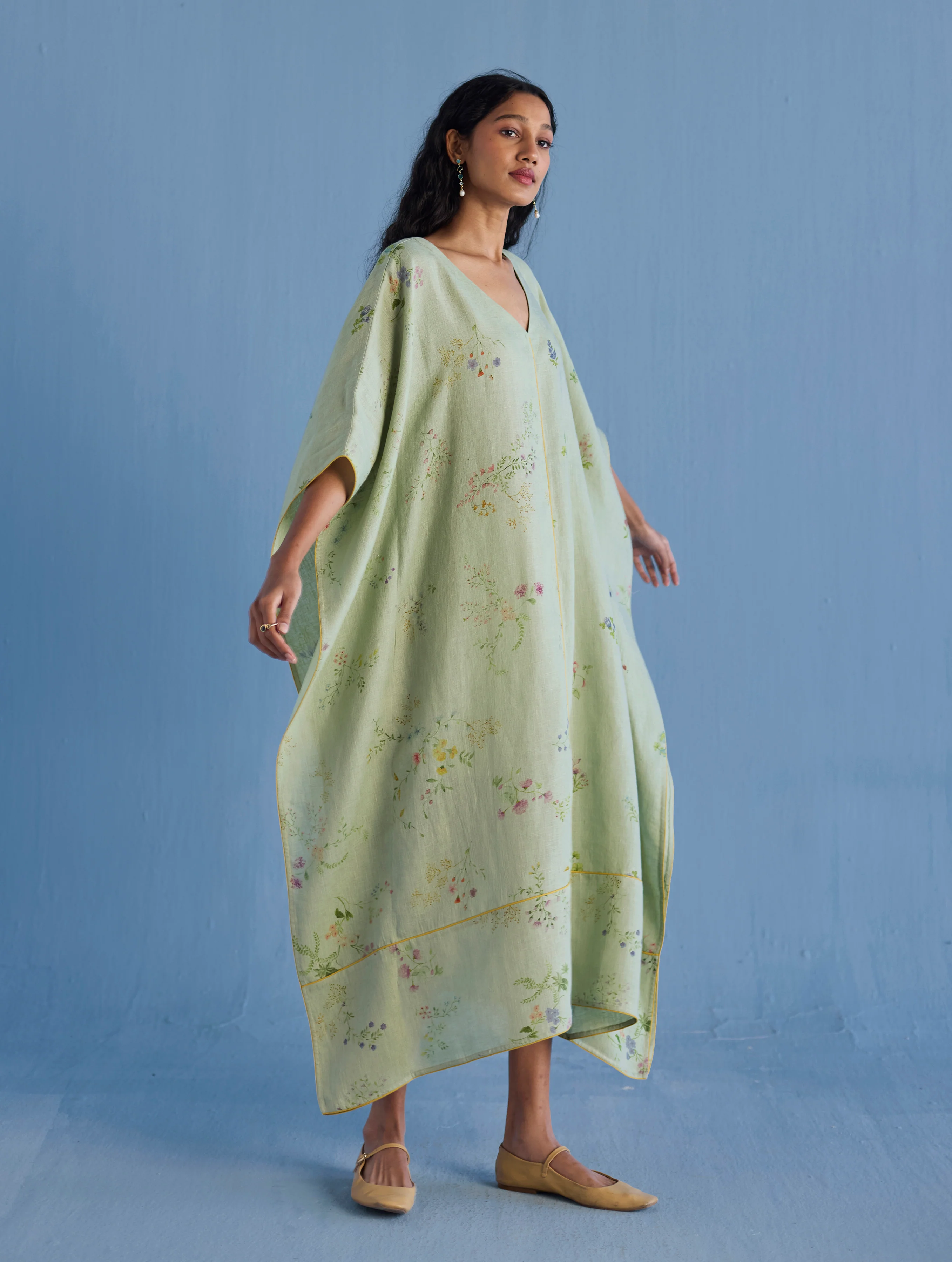 Eva Floral Linen Kaftan Dress - Mint - Image 10