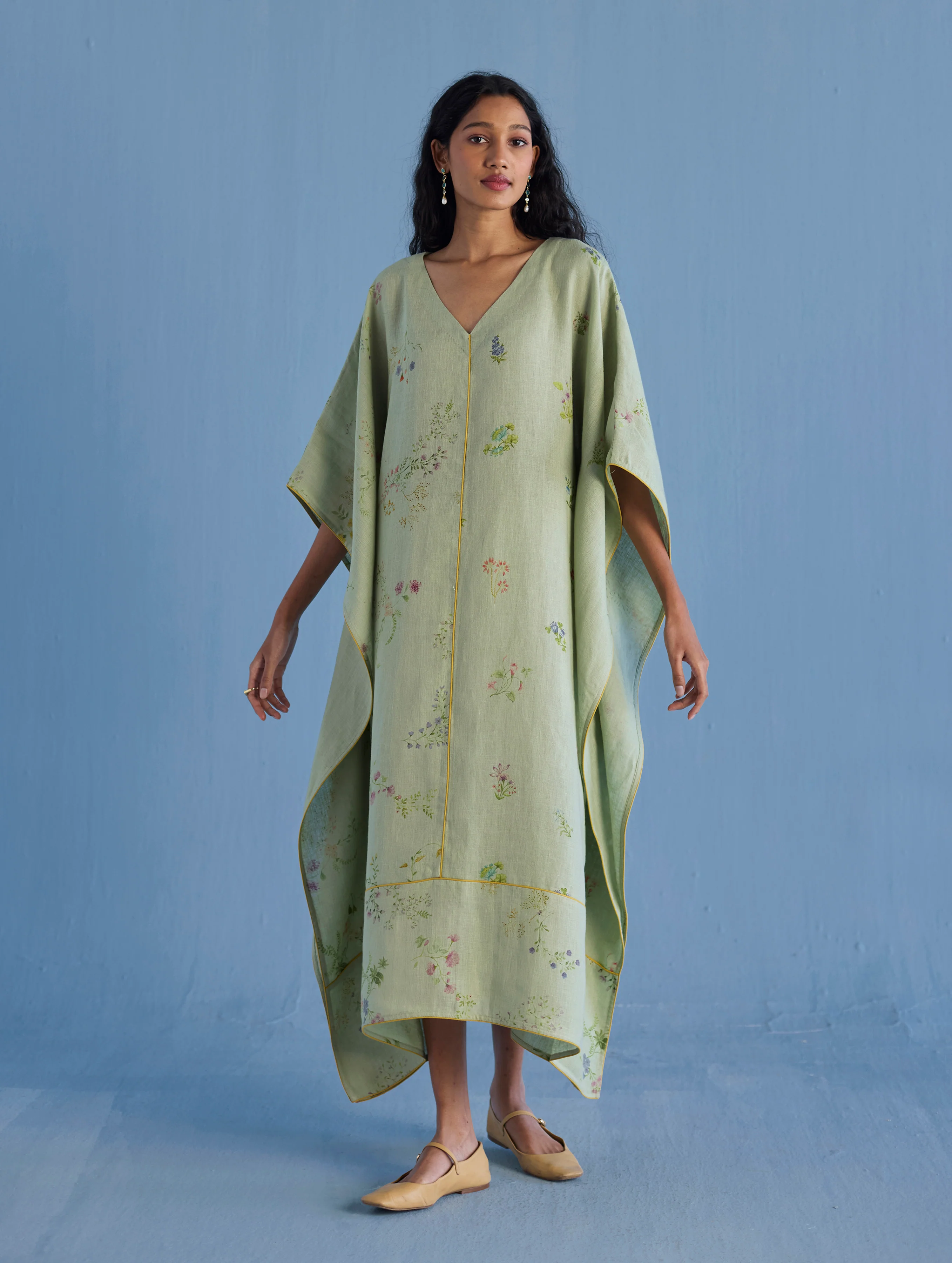 Eva Floral Linen Kaftan Dress - Mint - Image 3