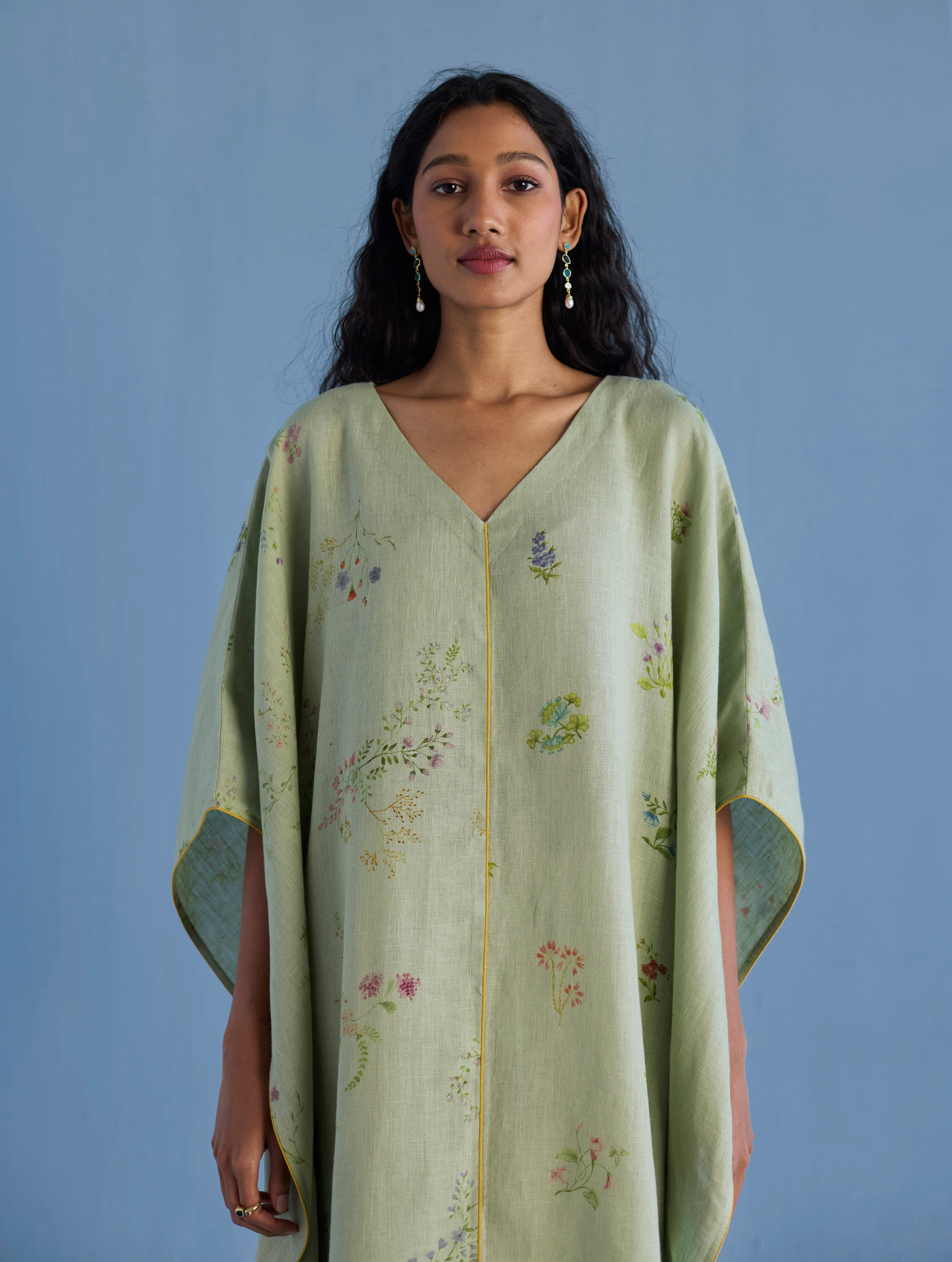 Eva Floral Linen Kaftan Dress - Mint - Image 5