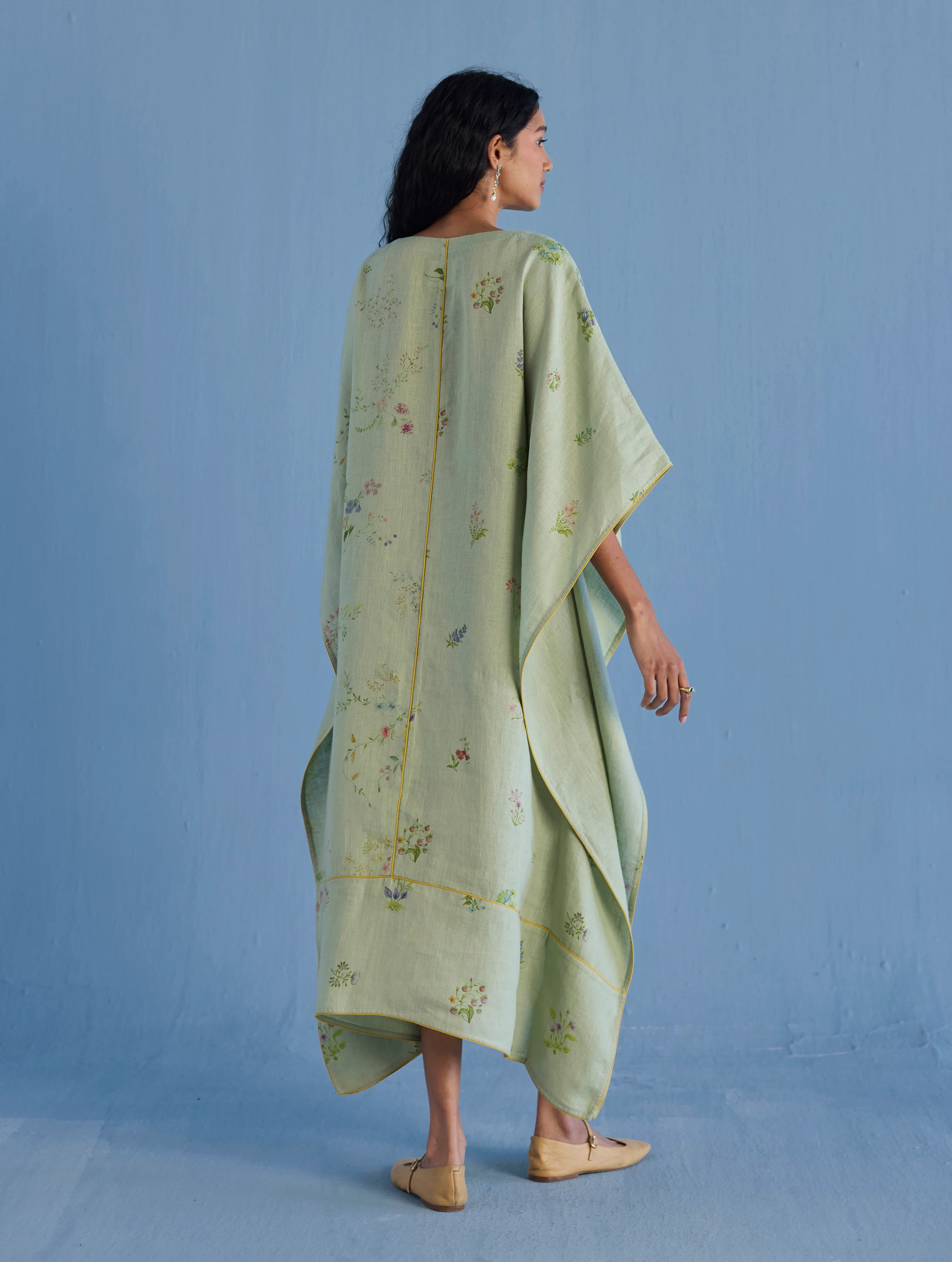Eva Floral Linen Kaftan Dress - Mint - Image 6
