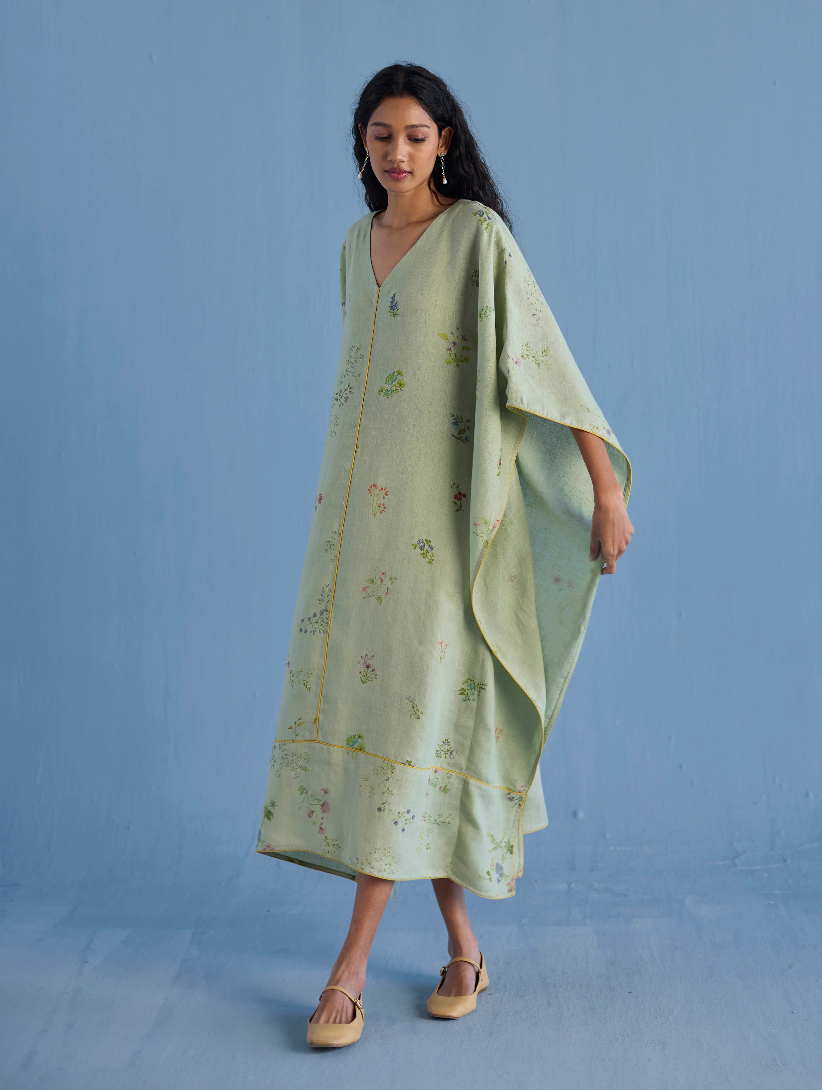 Eva Floral Linen Kaftan Dress - Mint - Image 7