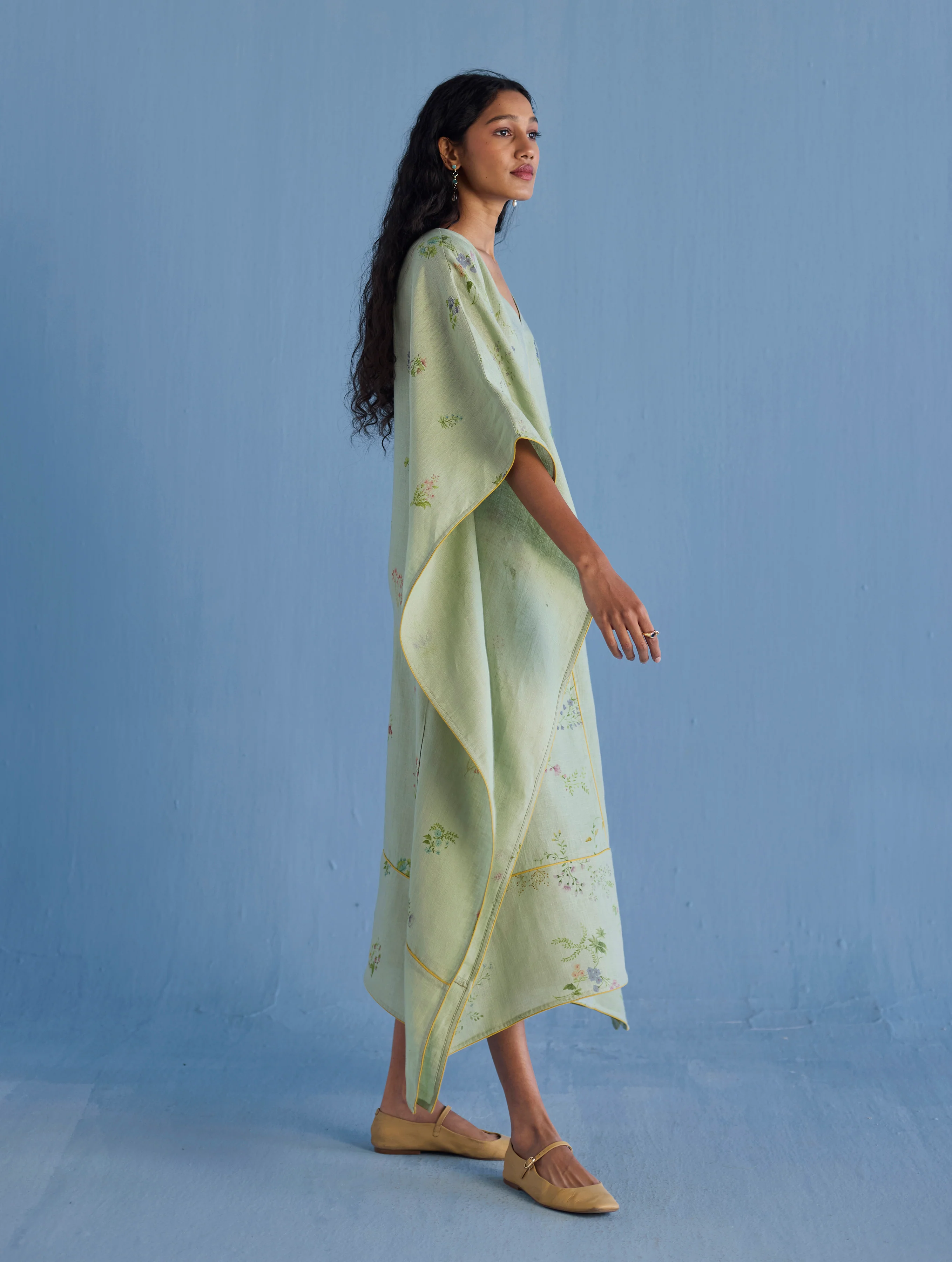 Eva Floral Linen Kaftan Dress - Mint - Image 8