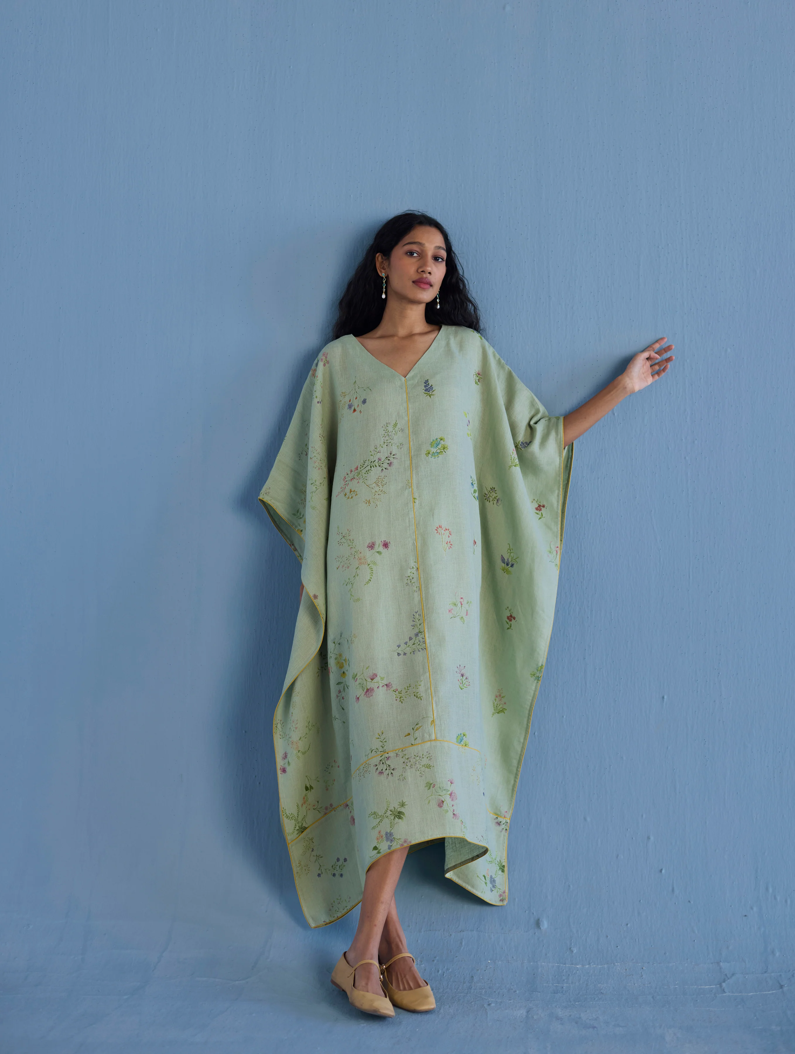 Eva Floral Linen Kaftan Dress - Mint - Image 9