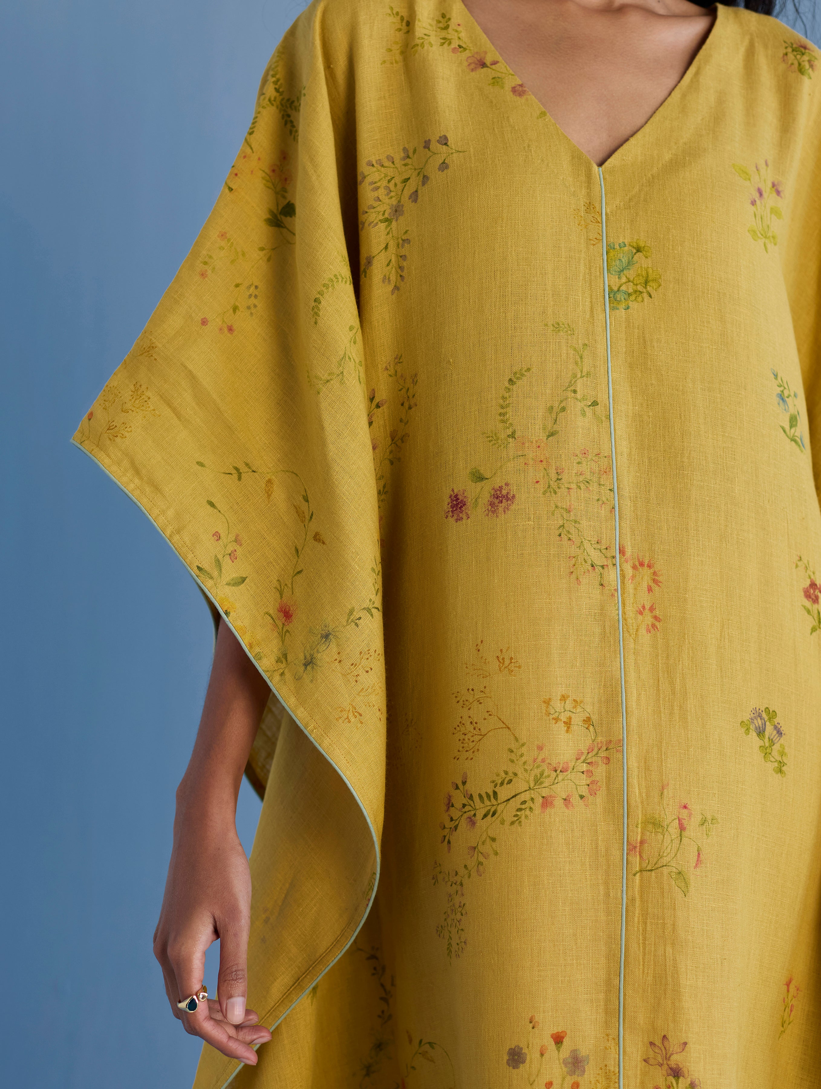 Eva Floral Linen Kaftan Dress - Ochre - Image 6