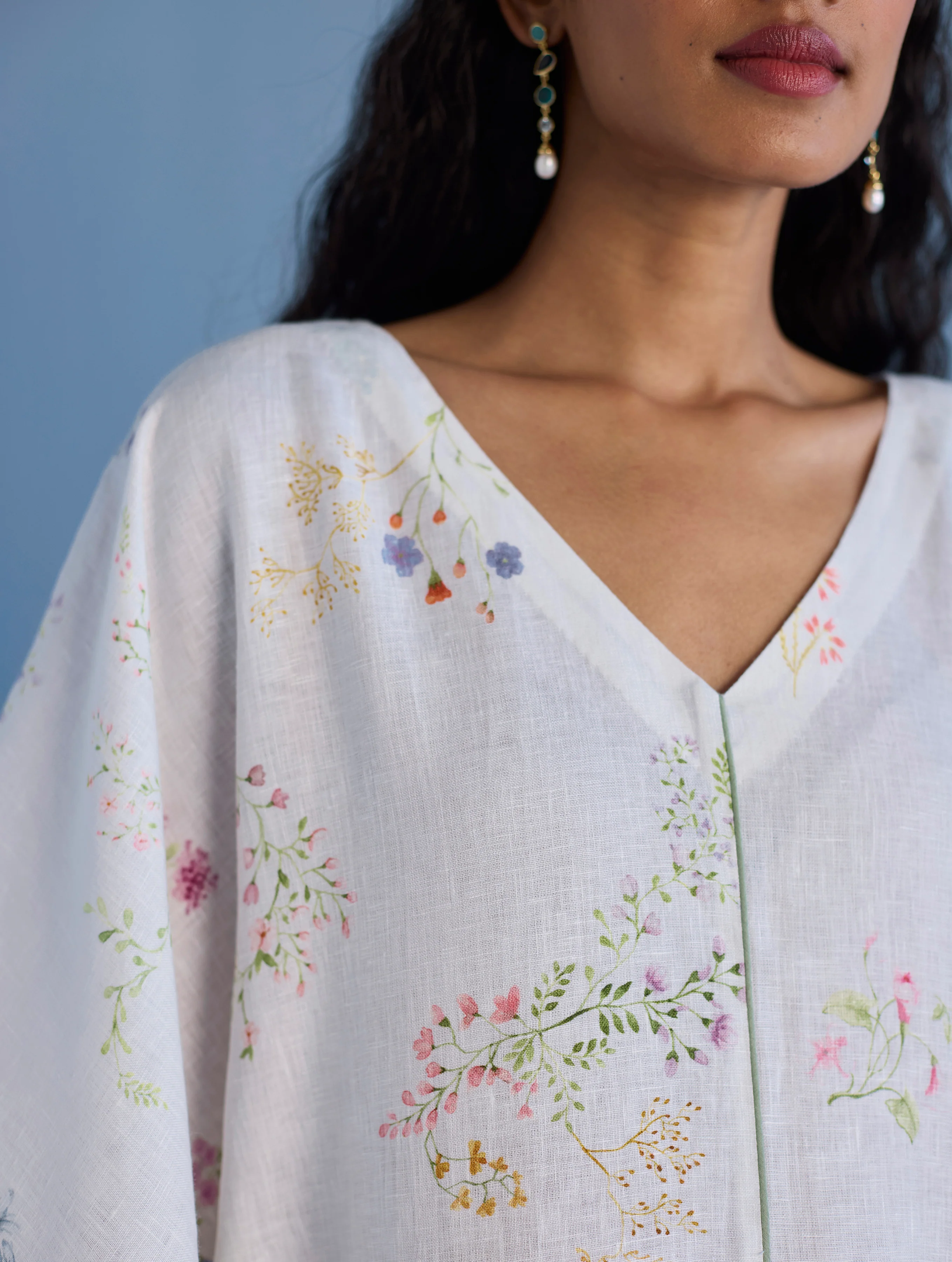 Eva Floral Linen Kaftan Dress - White - Image 2