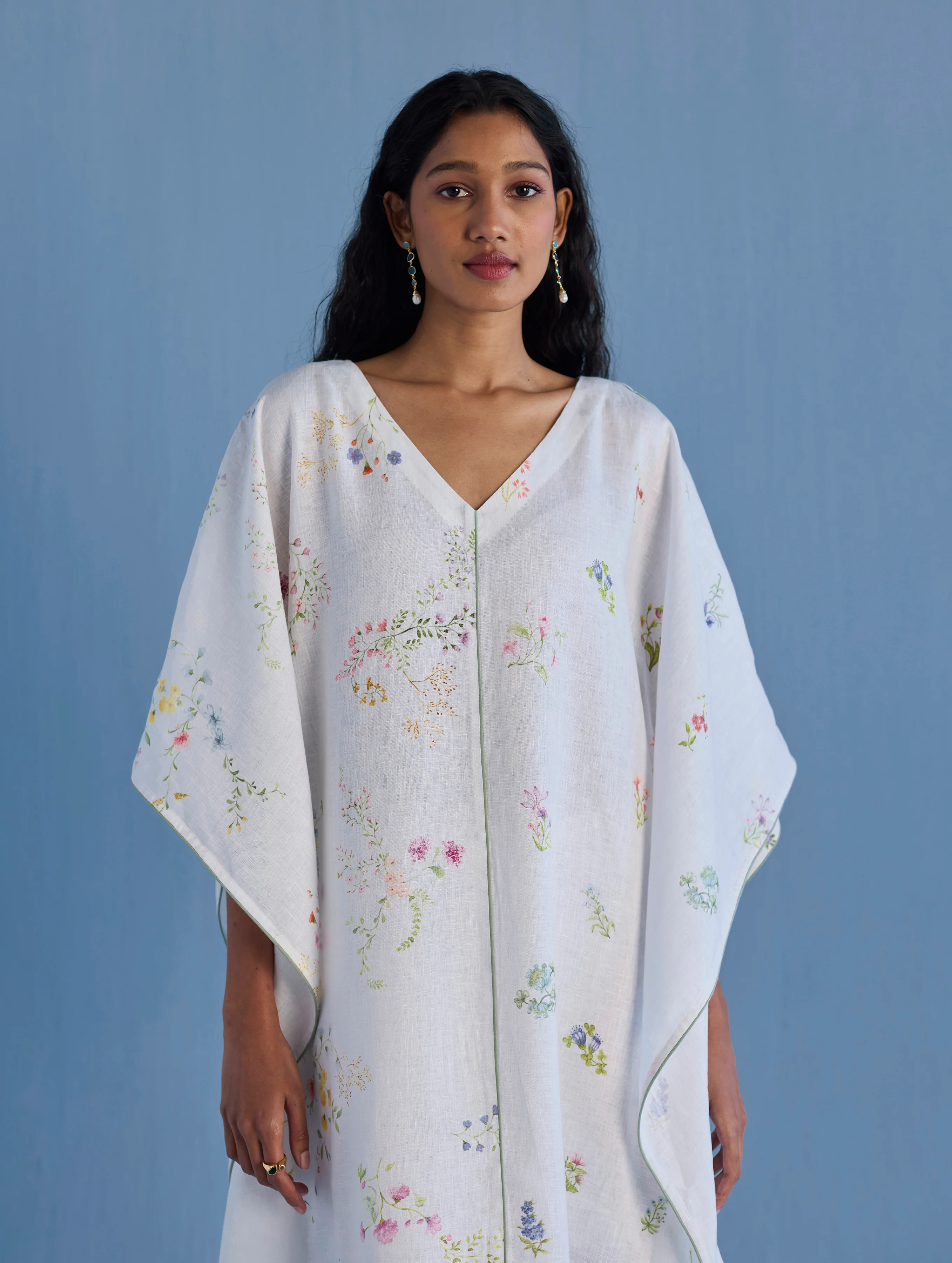 Eva Floral Linen Kaftan Dress - White - Image 3