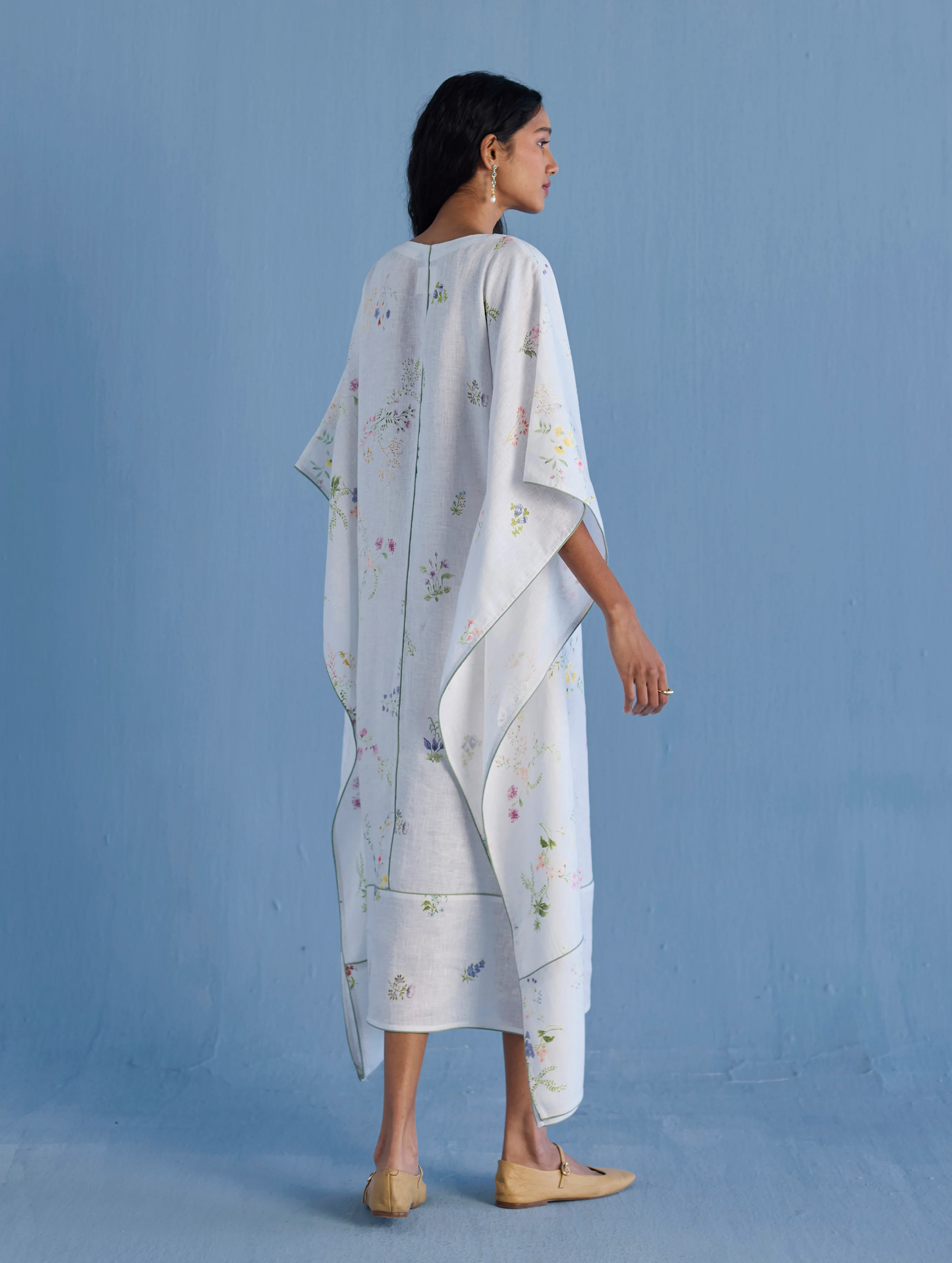 Eva Floral Linen Kaftan Dress - White - Image 4