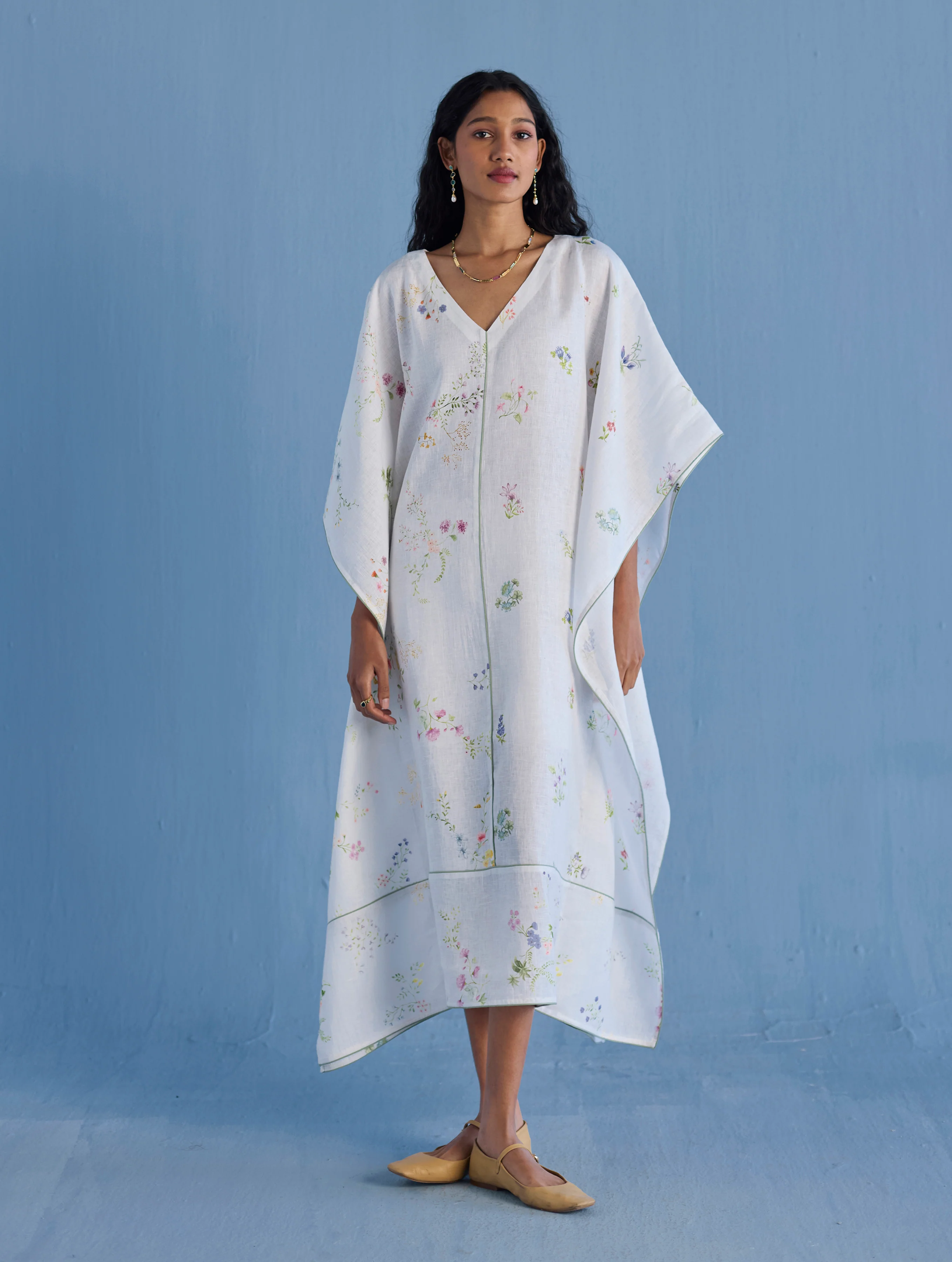 Eva Floral Linen Kaftan Dress - White - Image 5