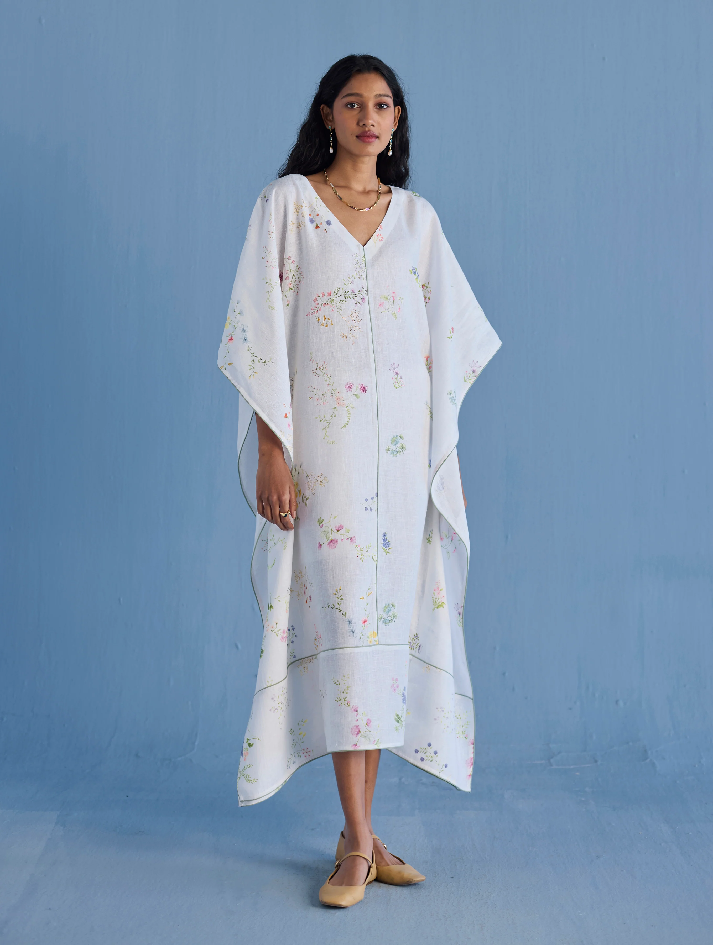 Eva Floral Linen Kaftan Dress - White - Image 6