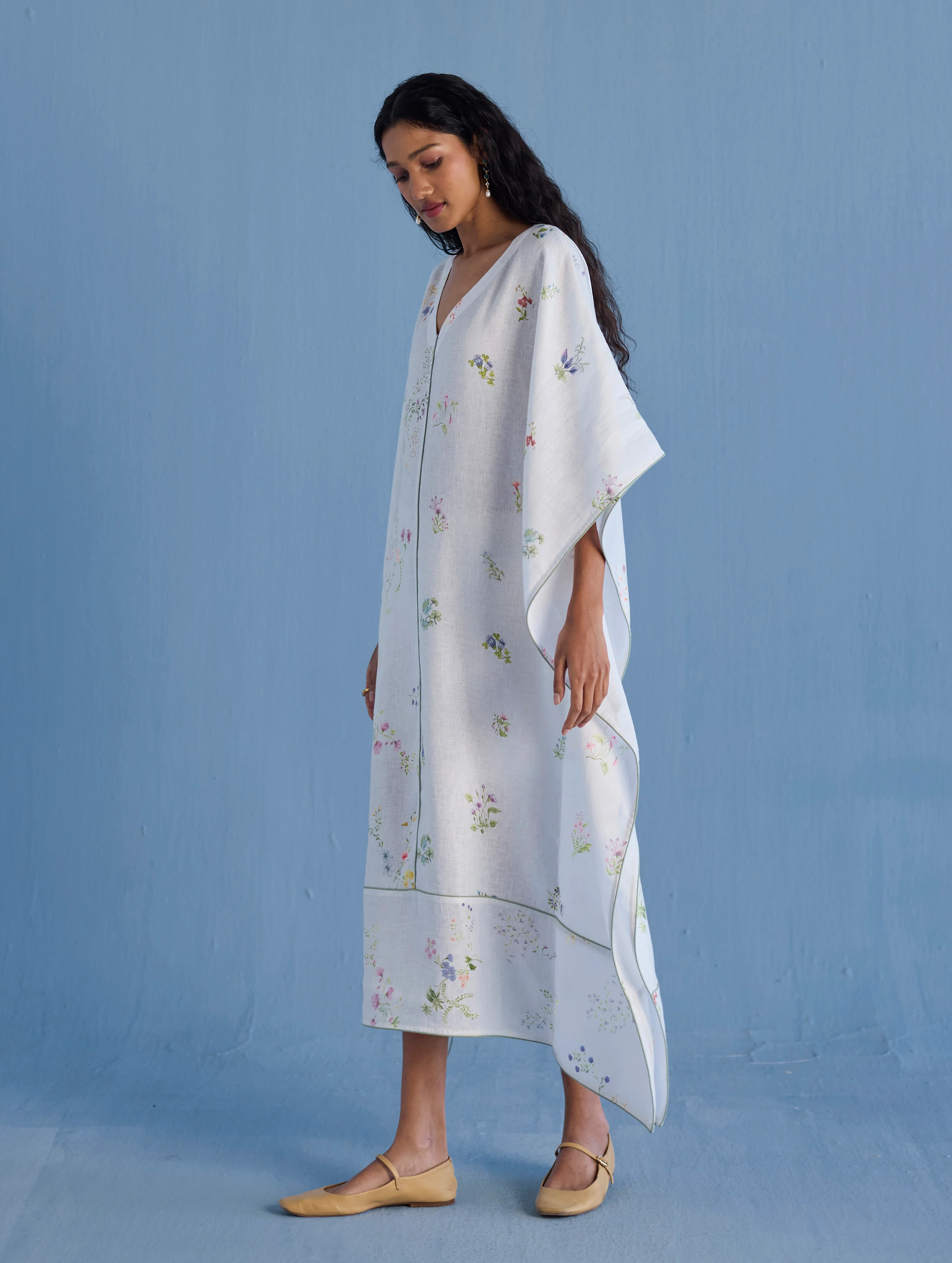 Eva Floral Linen Kaftan Dress - White - Image 7