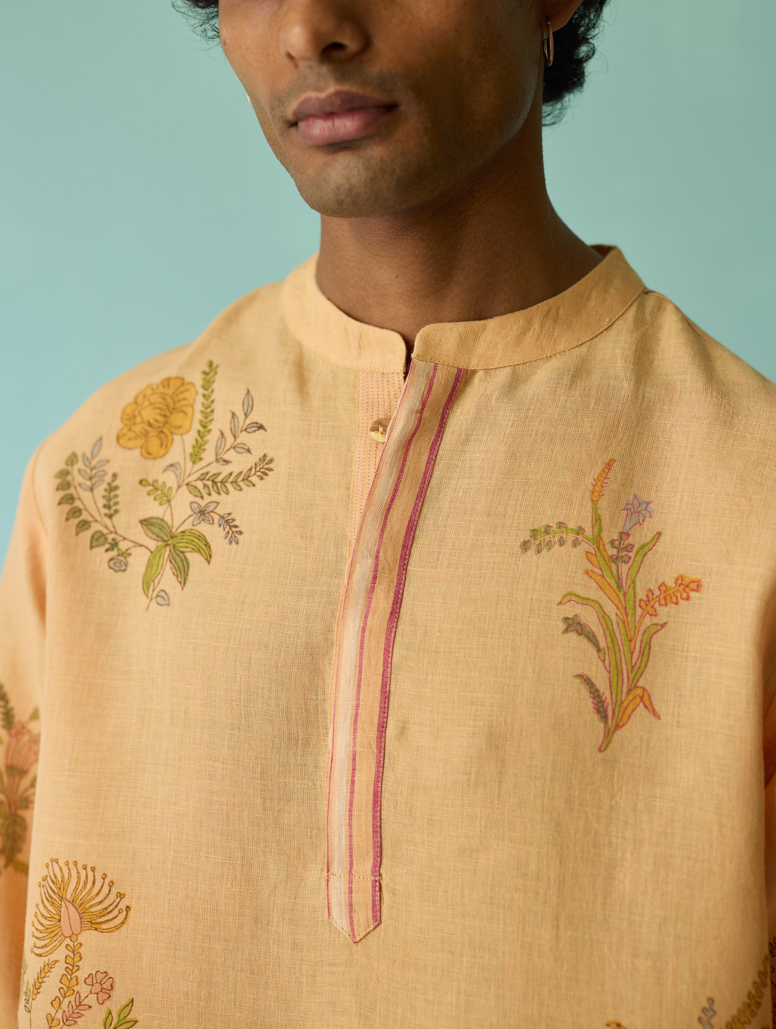 Farhan Block-Printed Floral Kurta - Apricot - Image 6