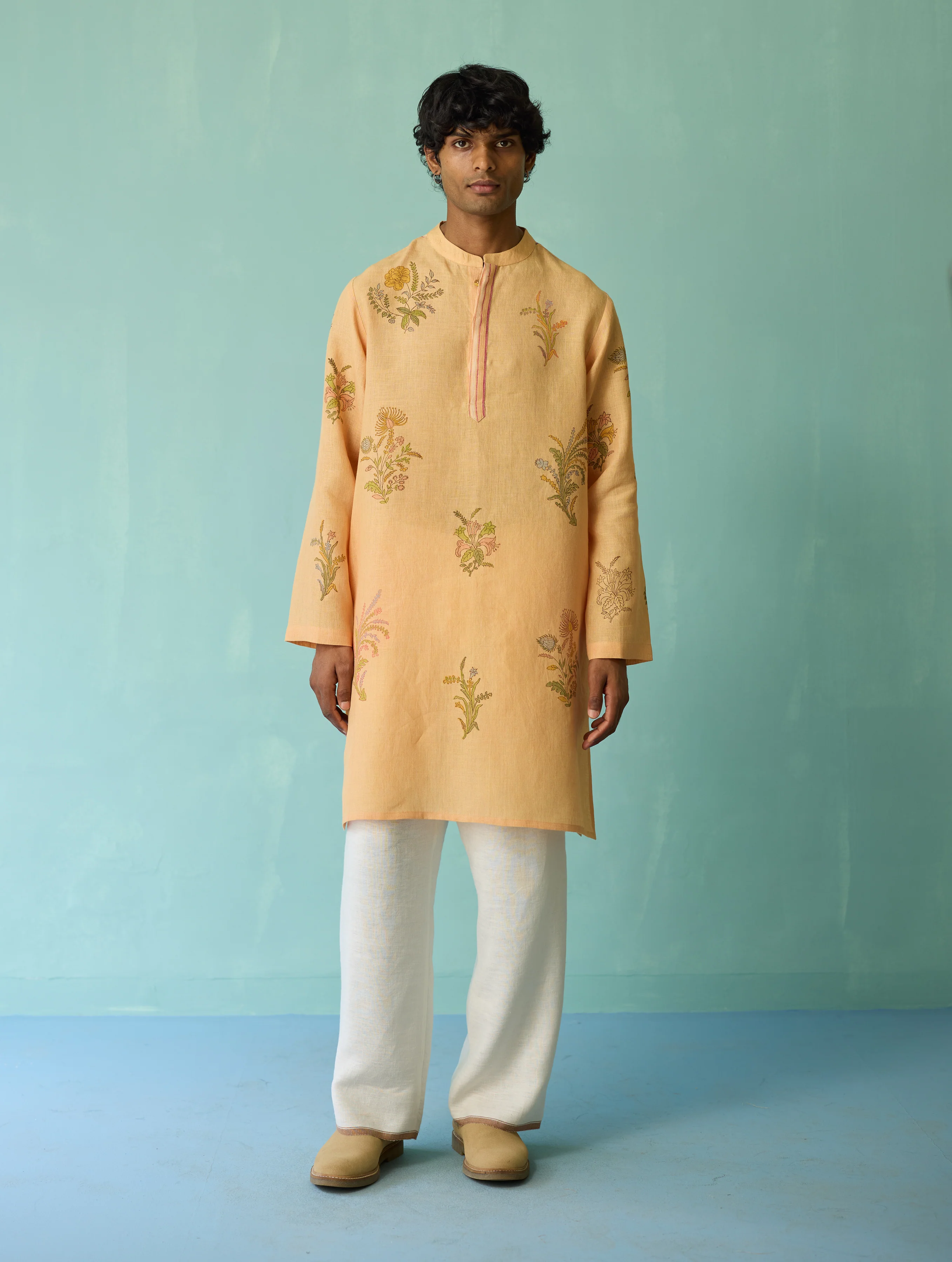 Farhan Block-Printed Floral Kurta - Apricot - Image 7