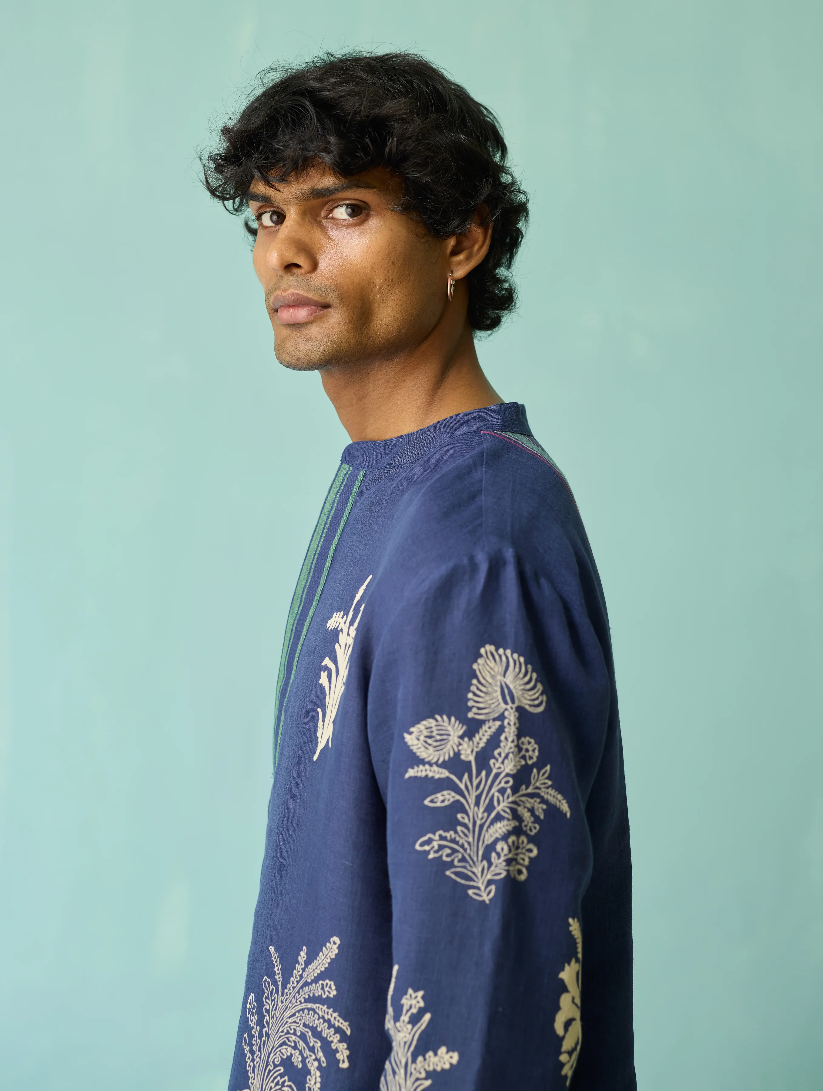 Farhan Block-Printed Floral Kurta - Indigo - Image 10
