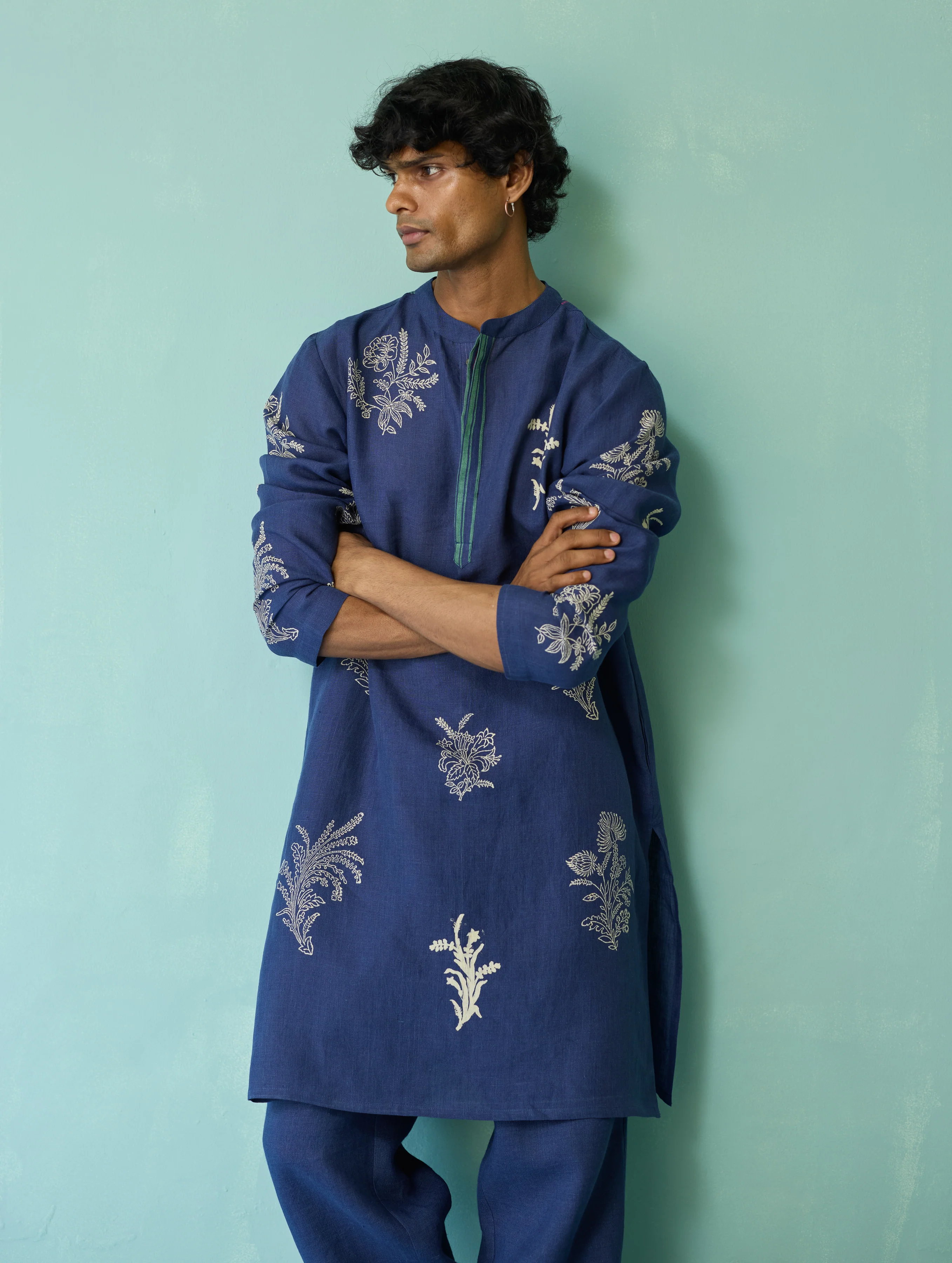 Farhan Block-Printed Floral Kurta - Indigo - Image 11