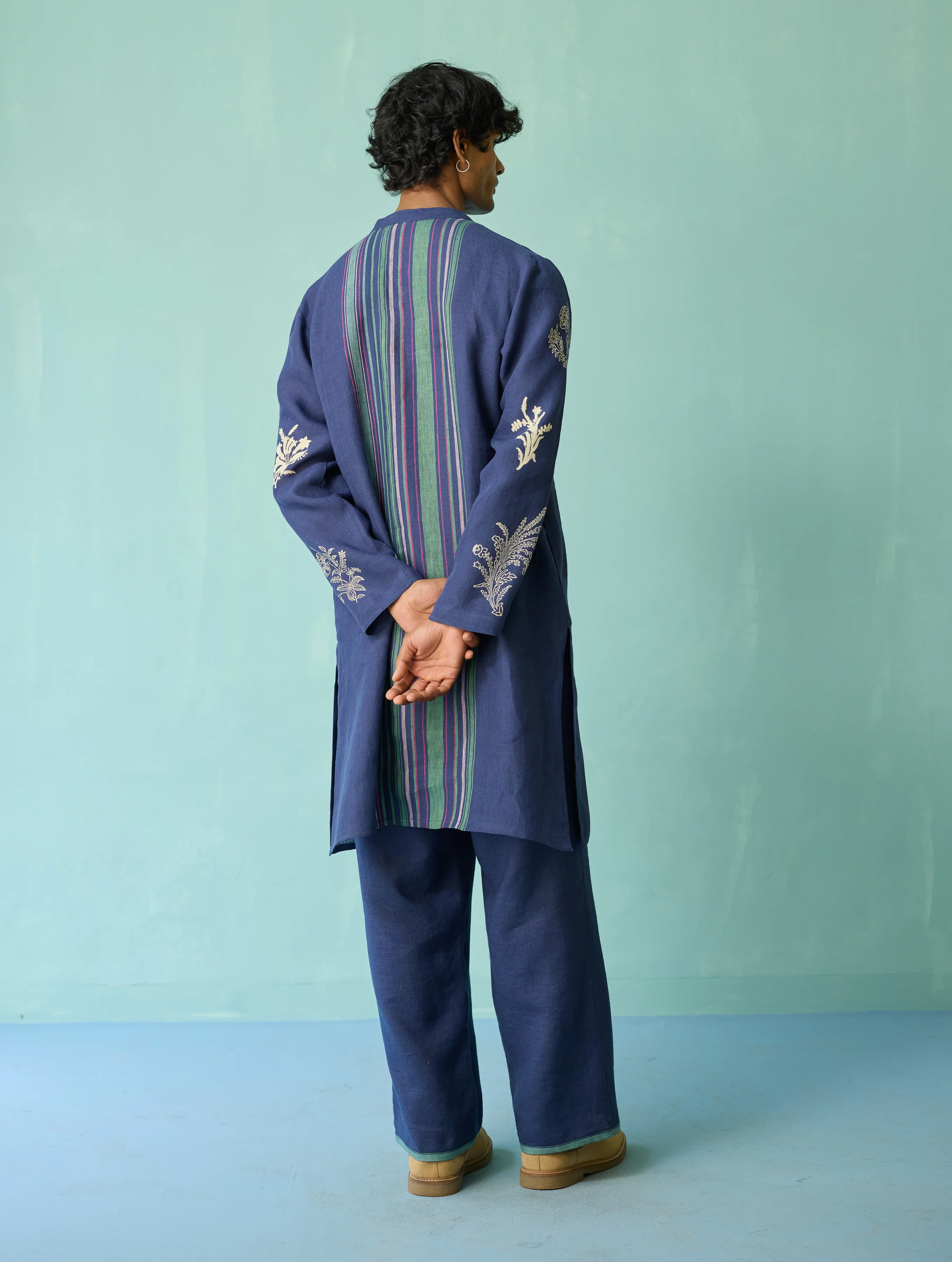 Farhan Block-Printed Floral Kurta - Indigo - Image 12