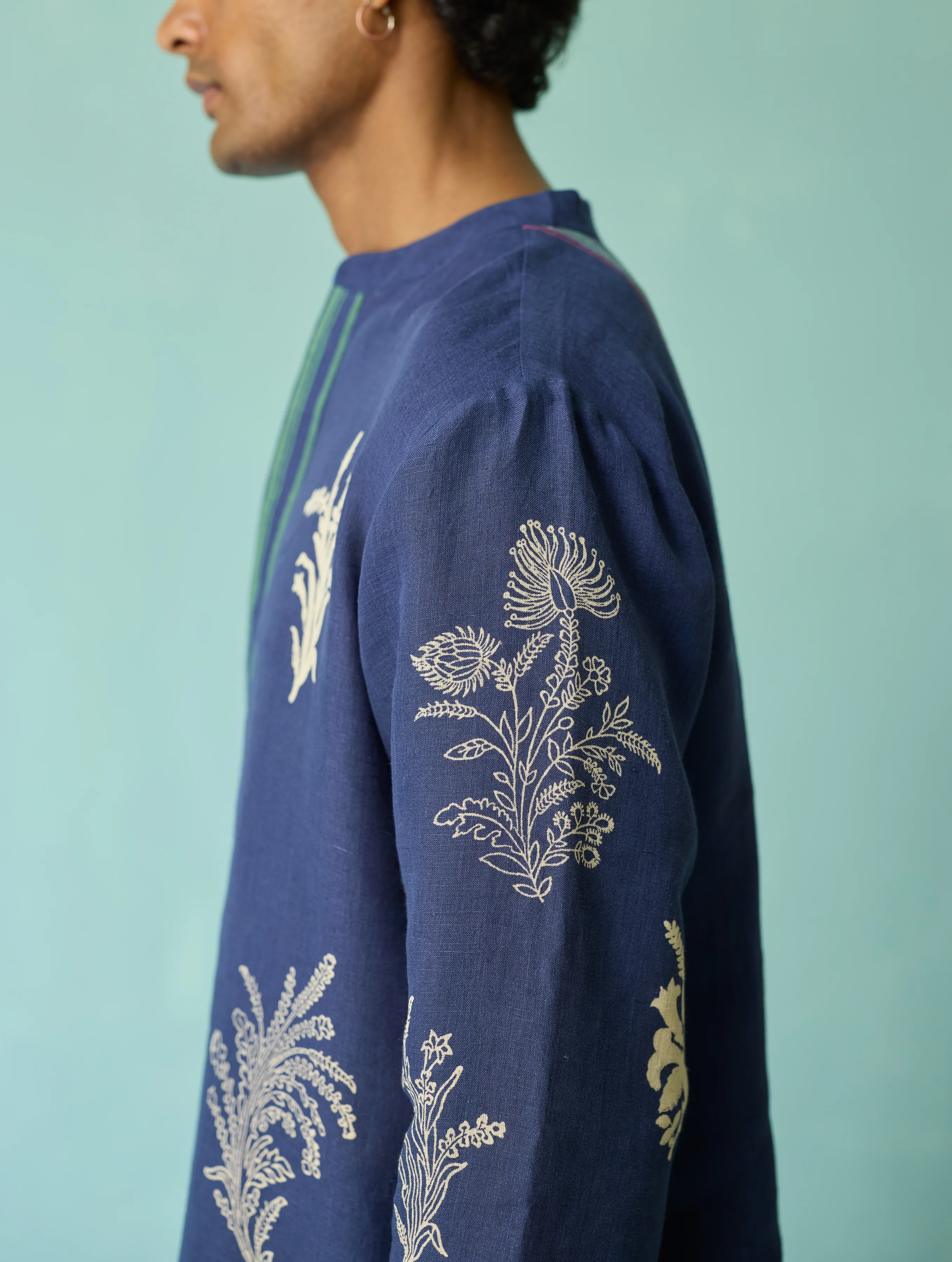 Farhan Block-Printed Floral Kurta - Indigo - Image 13