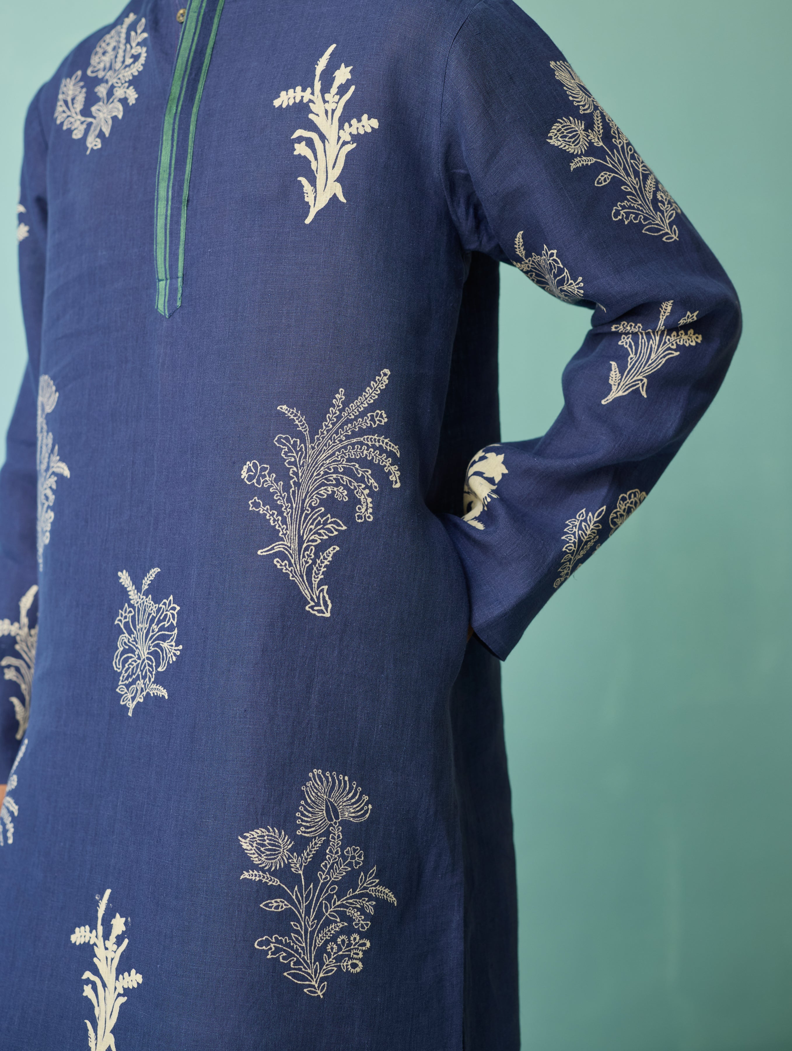 Farhan Block-Printed Floral Kurta - Indigo - Image 2