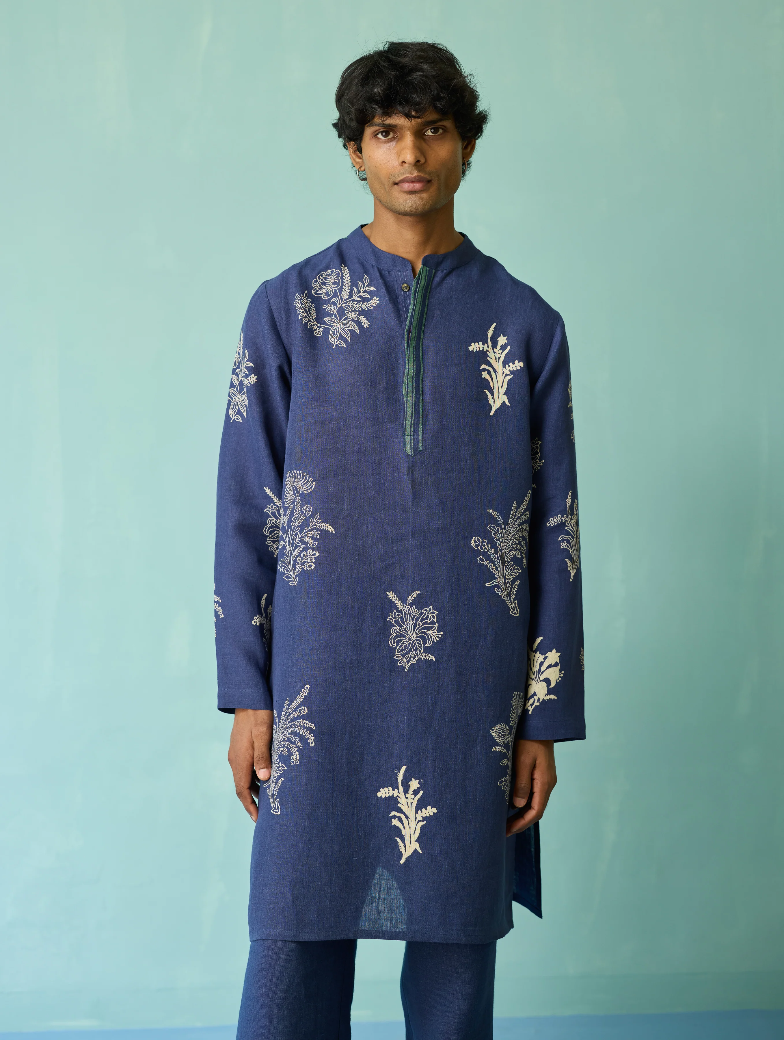 Farhan Block-Printed Floral Kurta - Indigo - Image 5