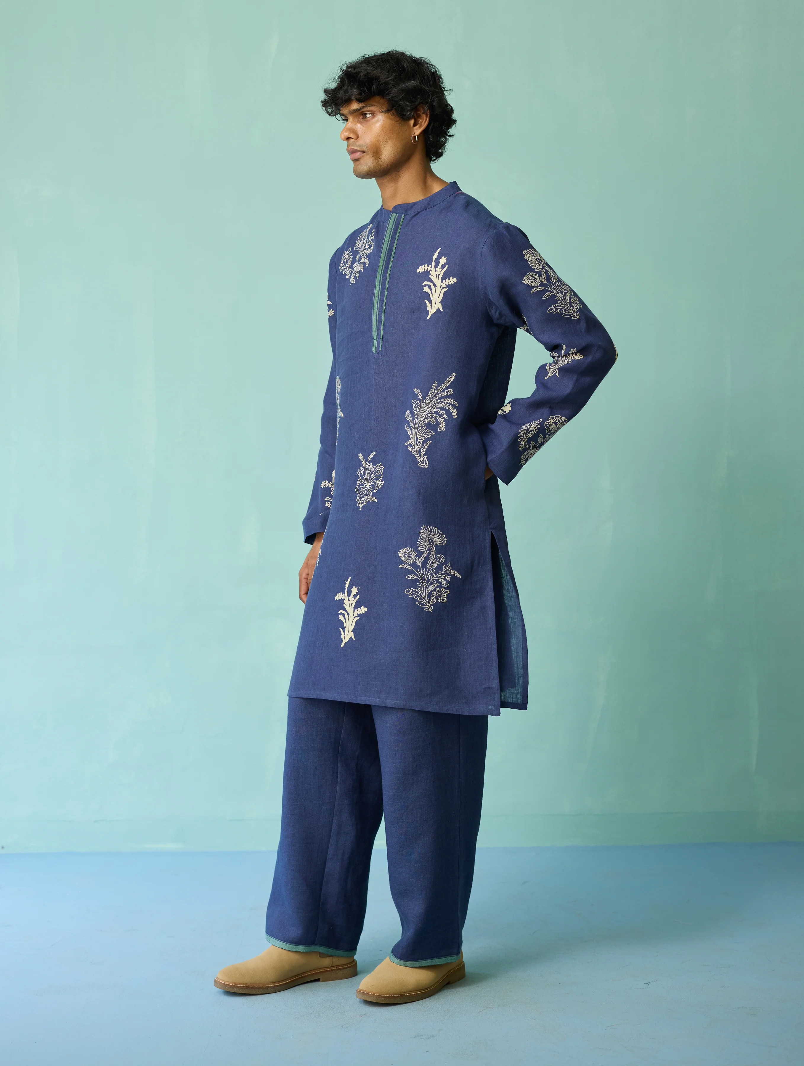 Farhan Block-Printed Floral Kurta - Indigo - Image 6
