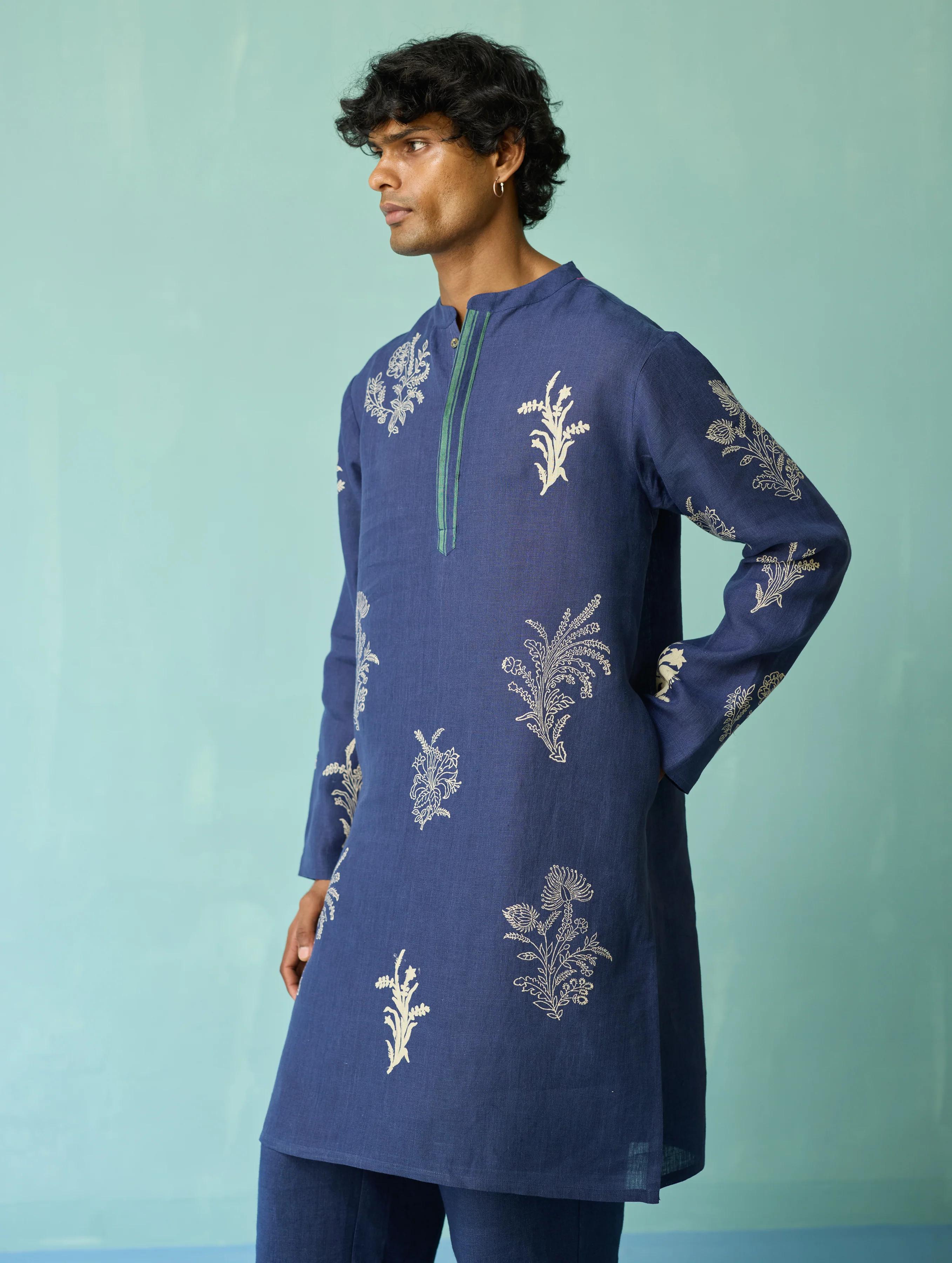 Farhan Block-Printed Floral Kurta - Indigo - Image 7