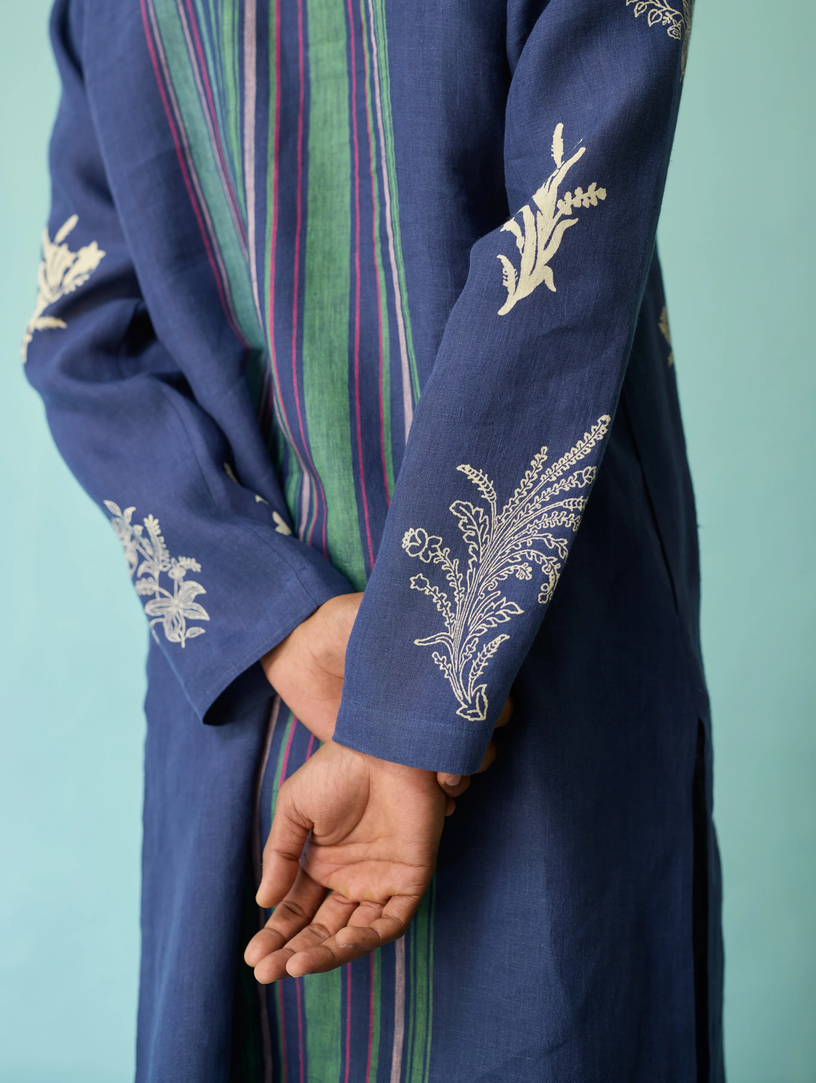 Farhan Block-Printed Floral Kurta - Indigo - Image 8