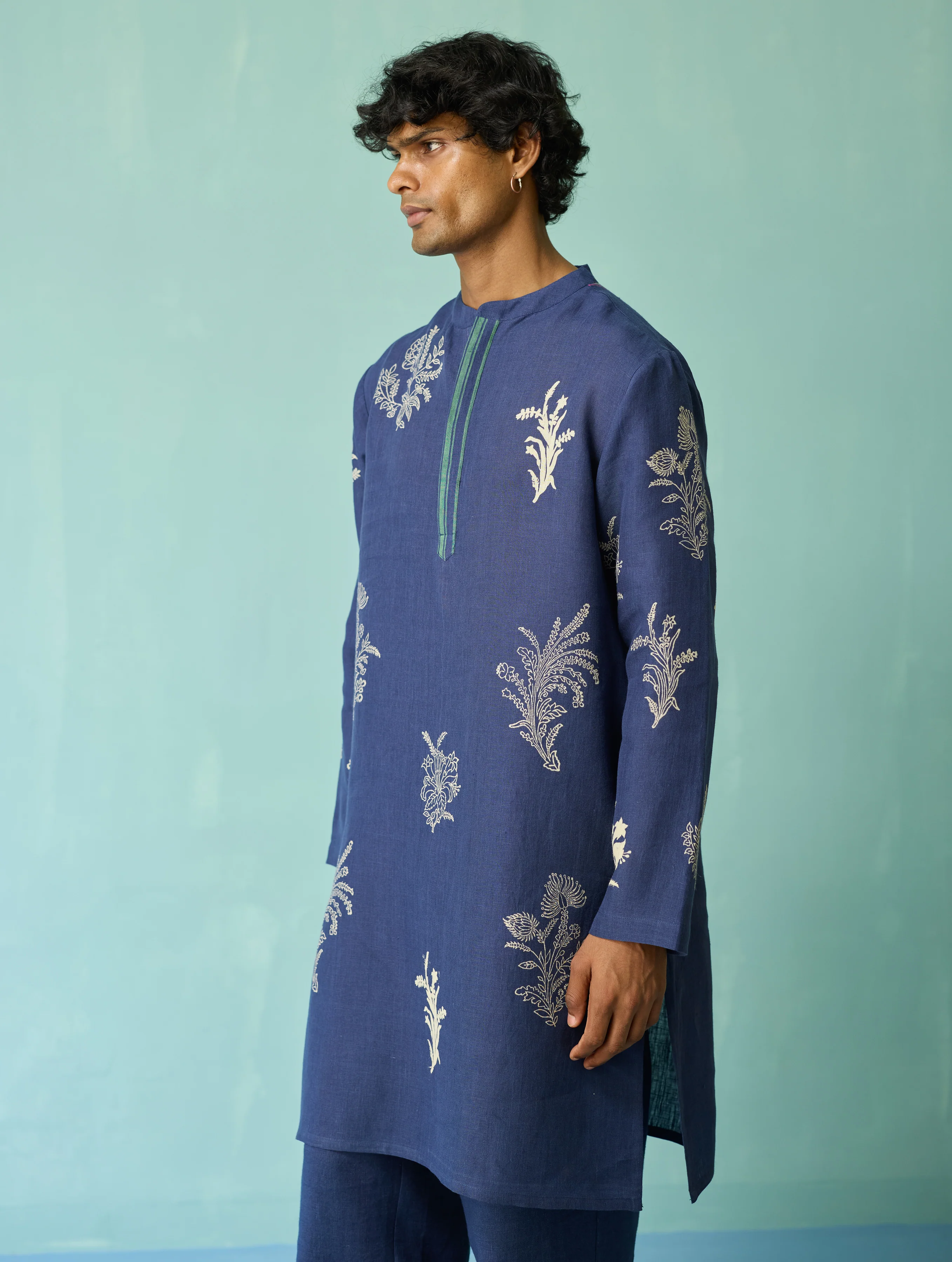 Farhan Block-Printed Floral Kurta - Indigo - Image 9