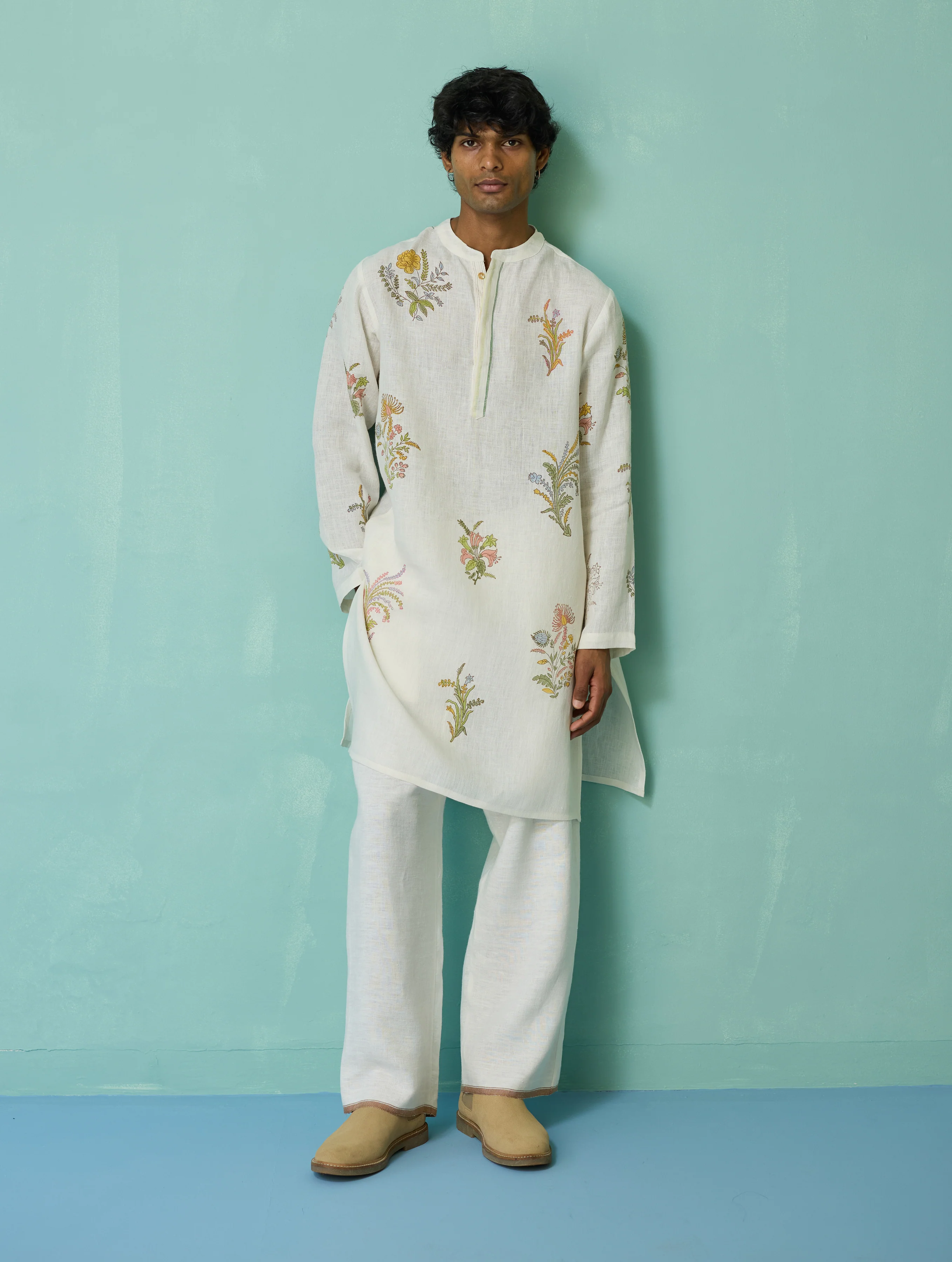 Farhan Block-Printed Floral Kurta - Ivory - Image 3