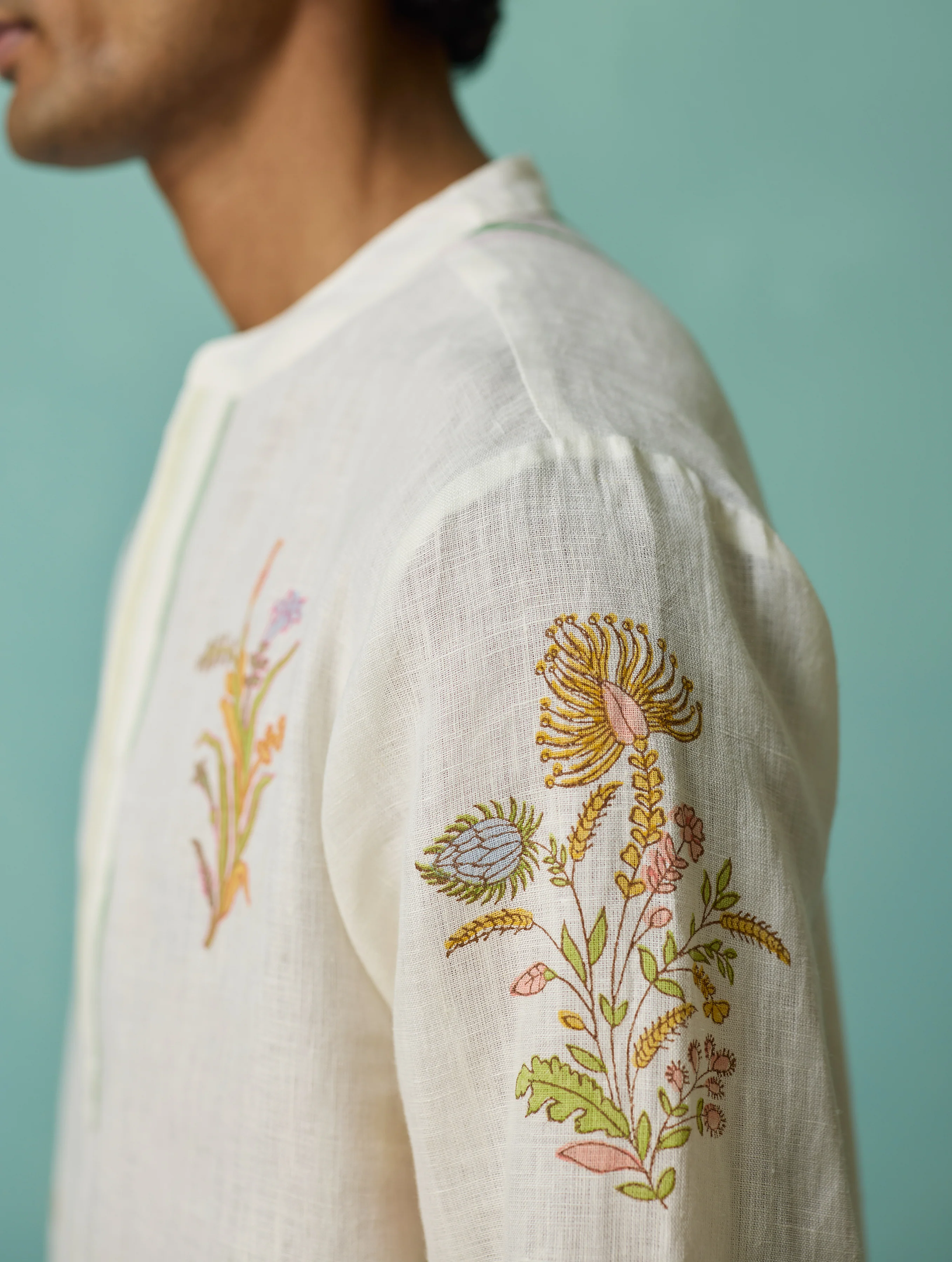 Farhan Block-Printed Floral Kurta - Ivory - Image 9