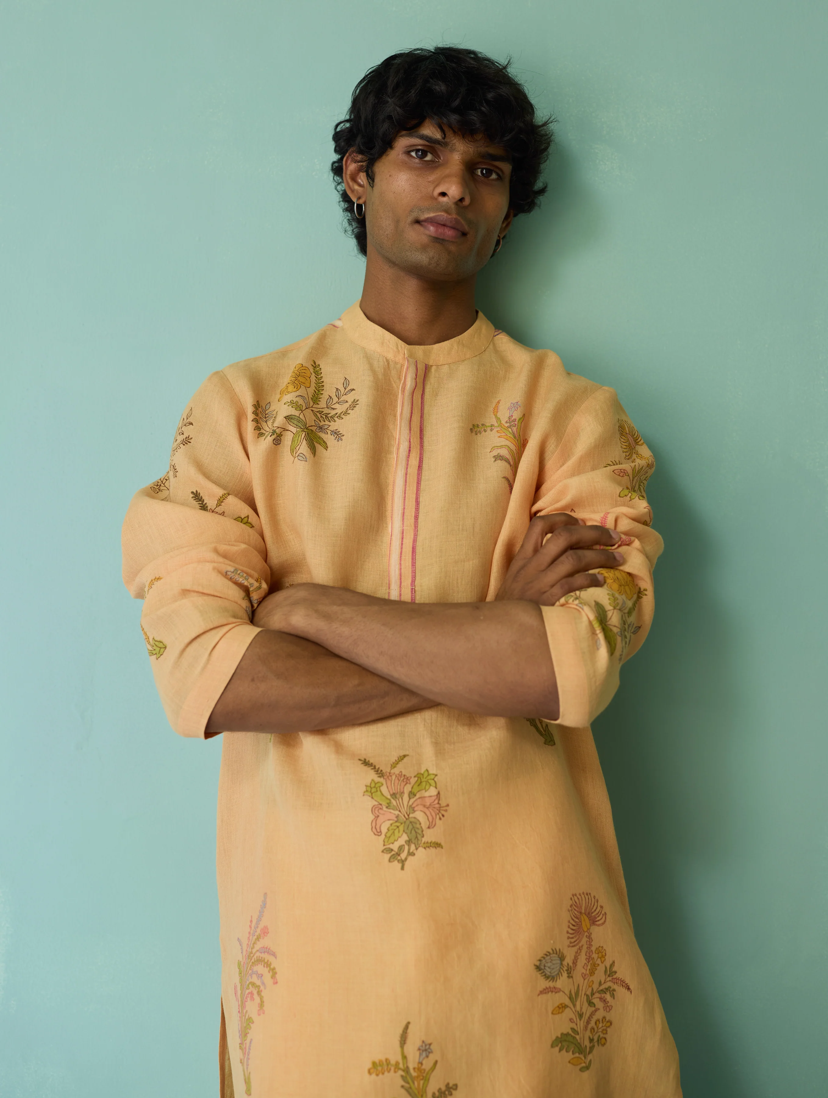 Farhan Block-Printed Floral Kurta Set - Apricot - Image 3