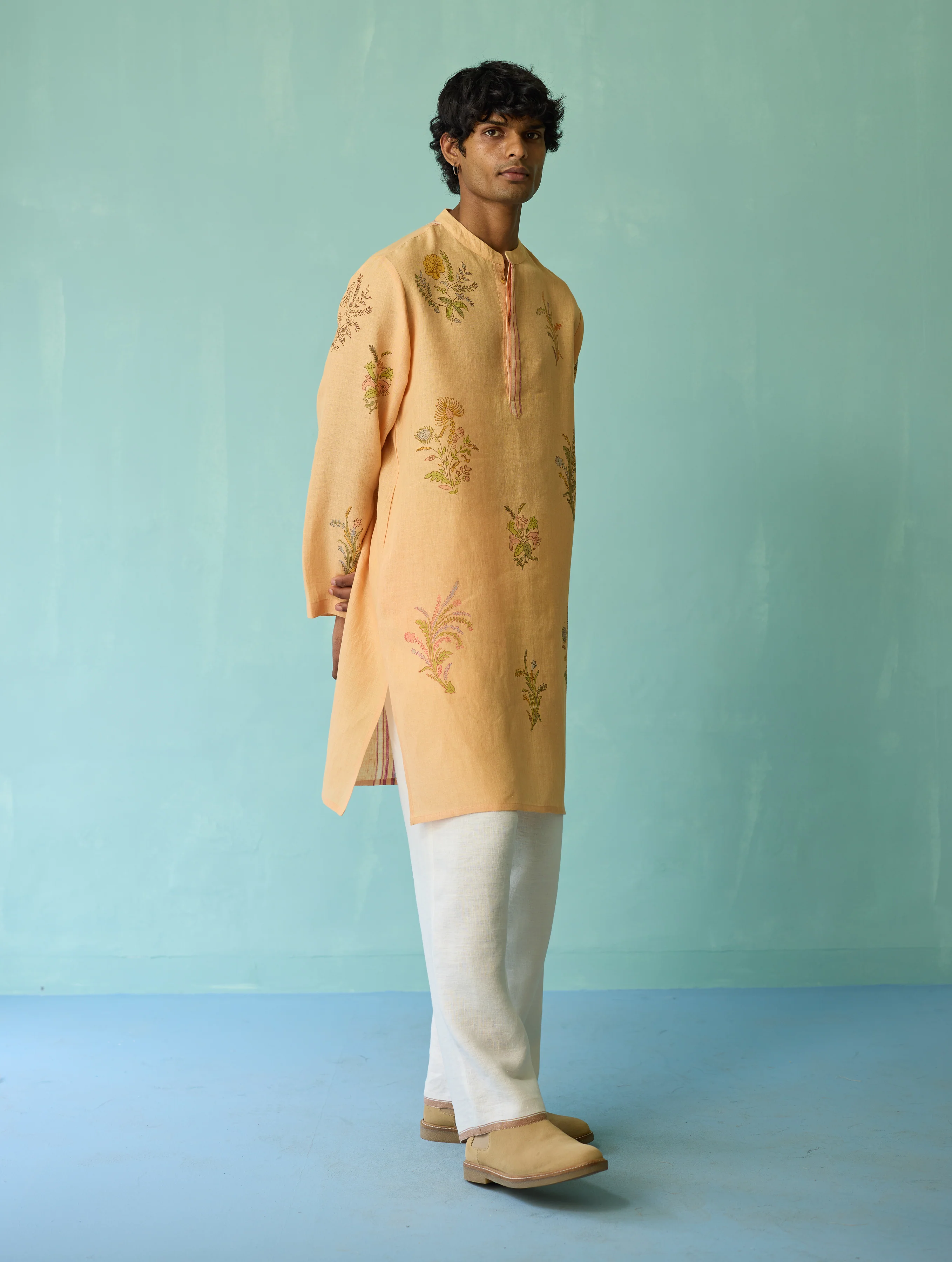 Farhan Block-Printed Floral Kurta Set - Apricot - Image 6